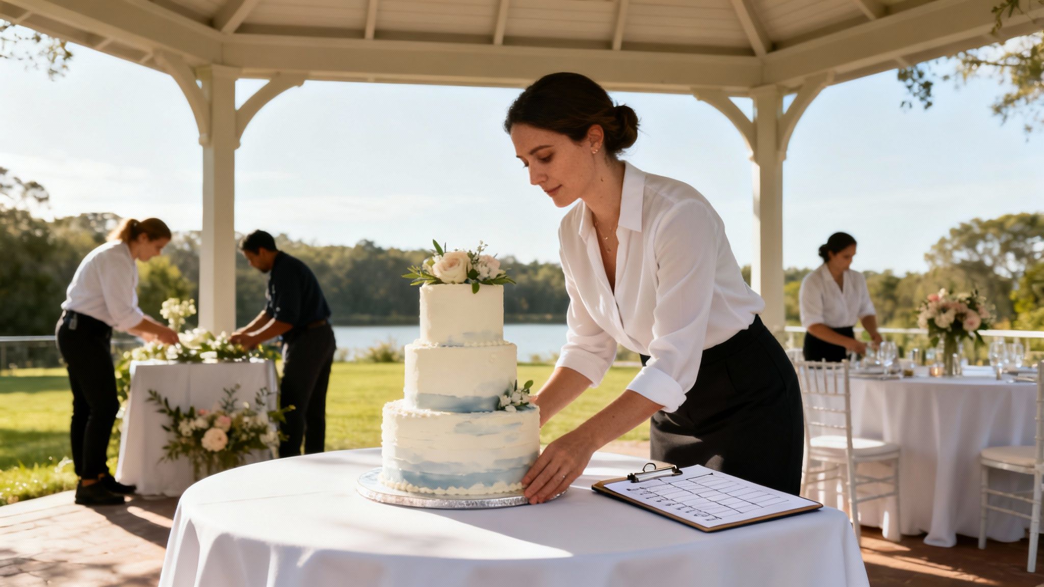 Staff setting up an outdoor wedding reception in a gazebo, with a woman carefully placing a three-tier wedding cake.