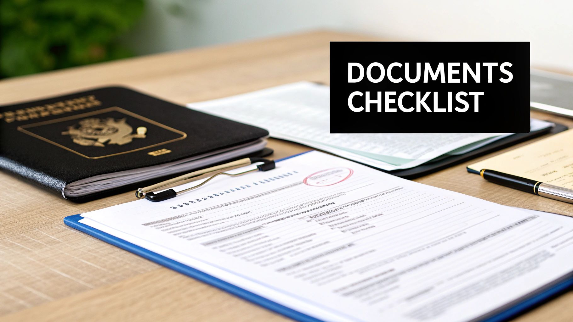 Black passport, application forms, and a pen on a wooden desk with a 'DOCUMENTS CHECKLIST' overlay.