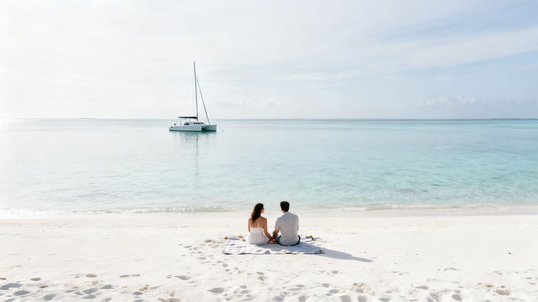 A couple enjoys a serene moment on a pristine white sand beach, looking at a sailboat in the turquoise sea.