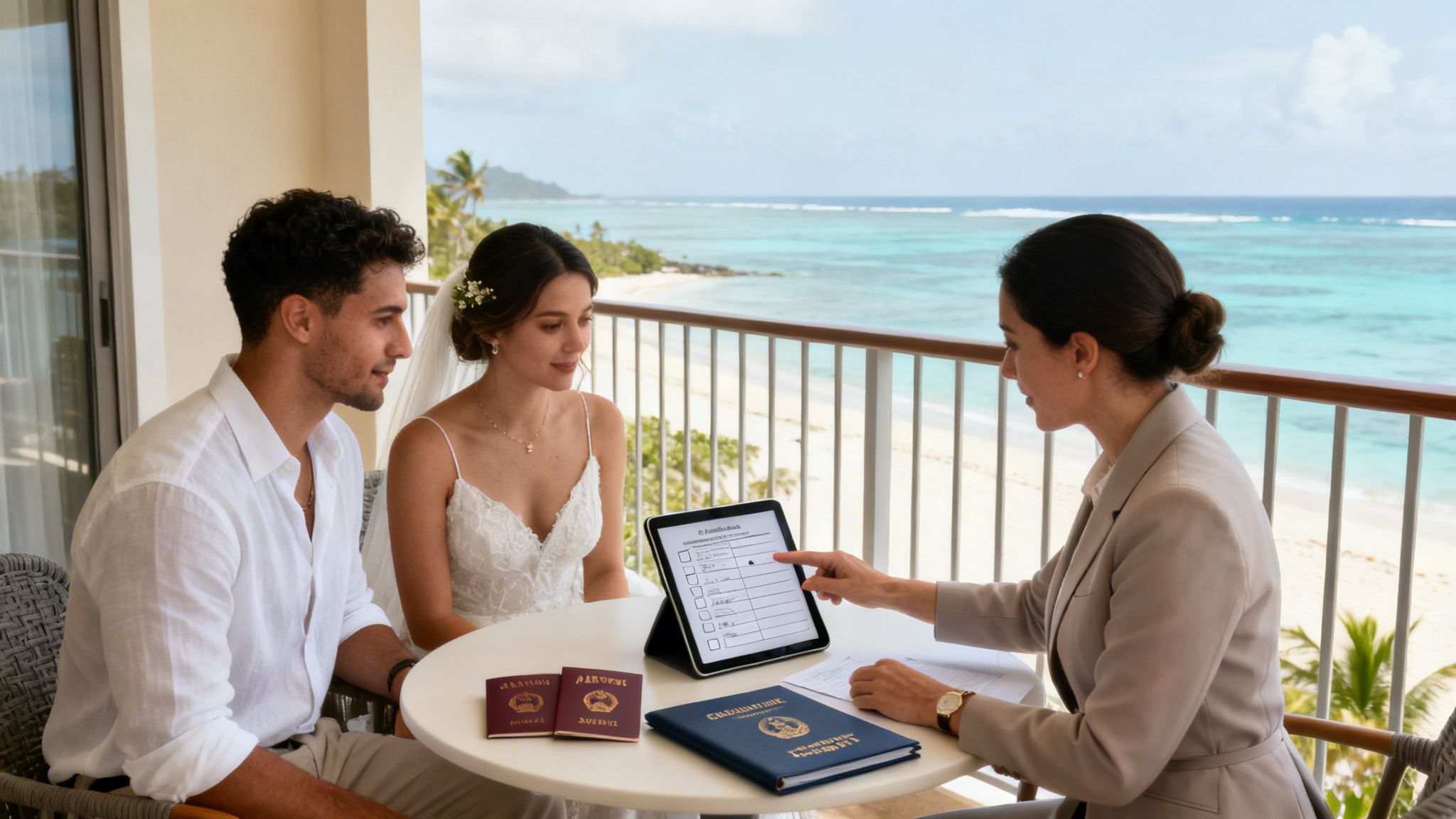 A couple with an officiant on a balcony discussing civil marriage application forms on a tablet.
