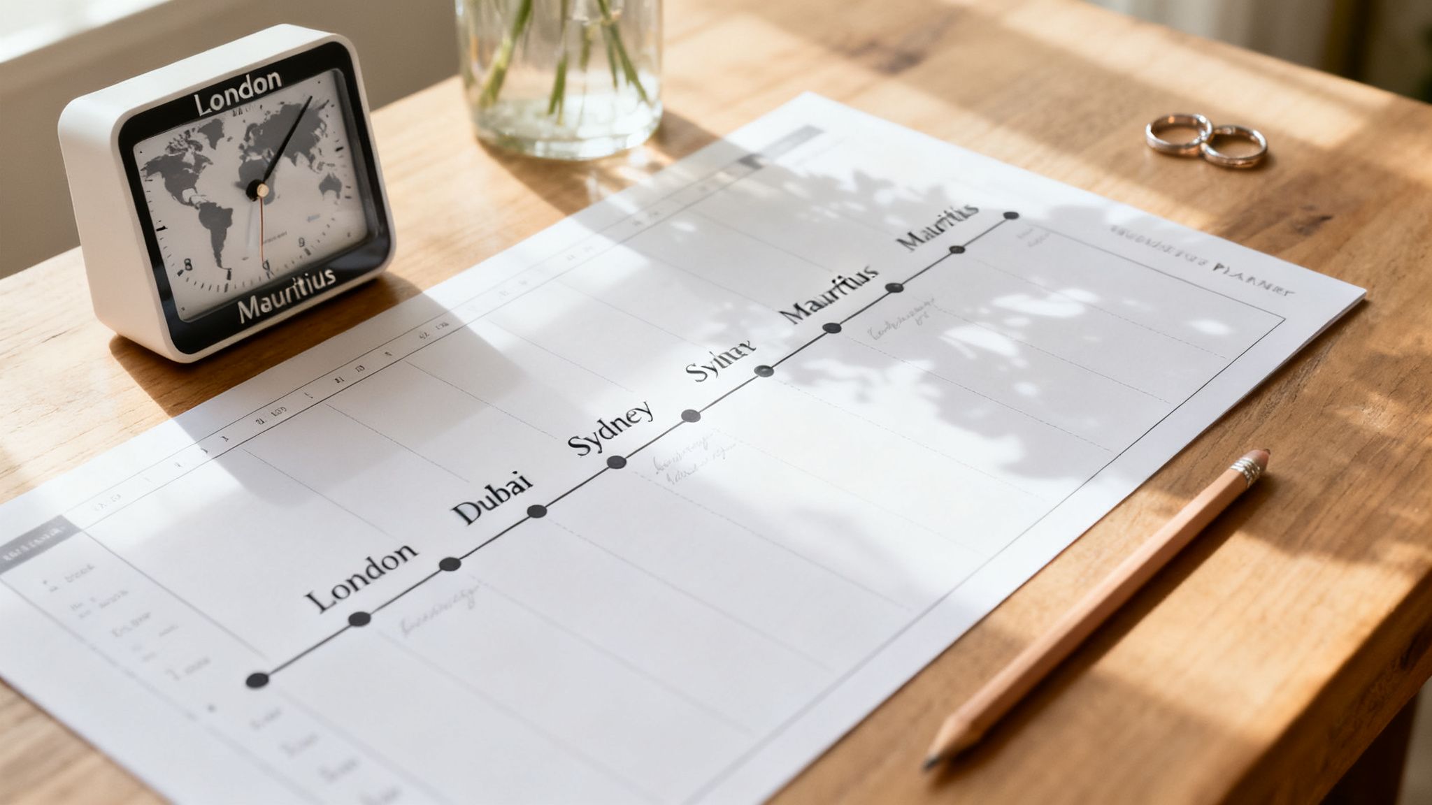 A white world map clock showing London and Mauritius, a travel planner, pencil, and rings on a wooden desk.