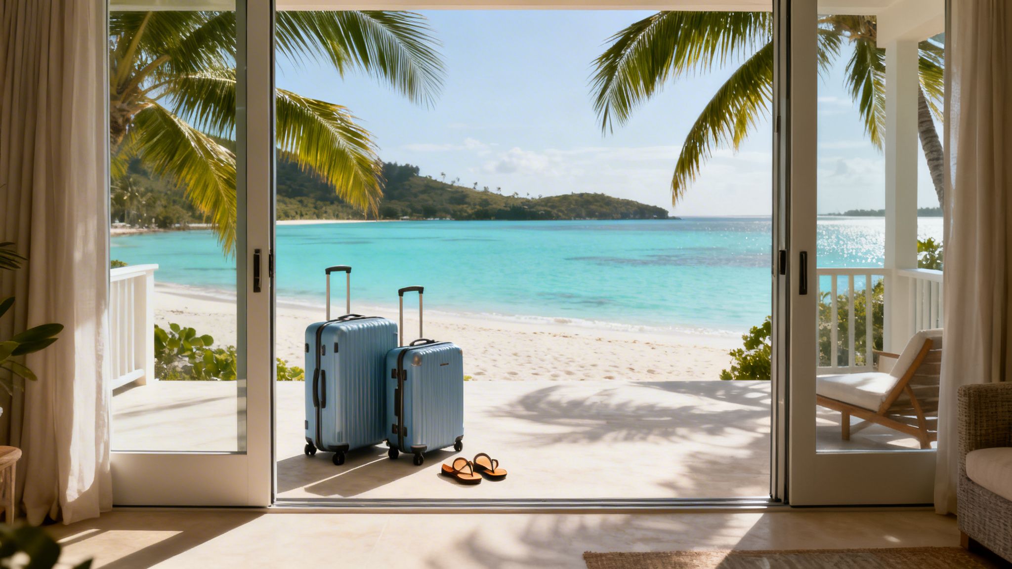 Two blue suitcases and flip-flops sit on a patio overlooking a tropical beach with turquoise water.