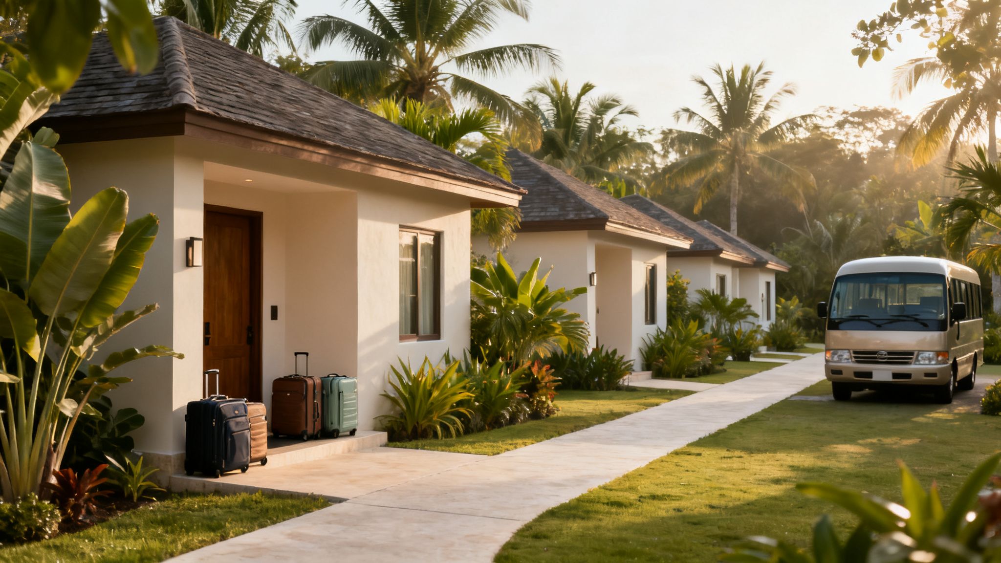 A scenic view of tropical resort bungalows with a pathway, lush greenery, palm trees, and a mini-bus.