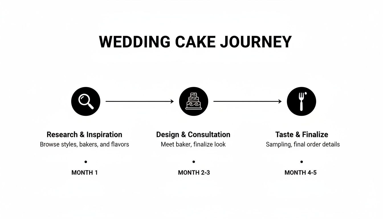 A wedding cake journey flowchart showing steps: research, design, and taste, with timelines.
