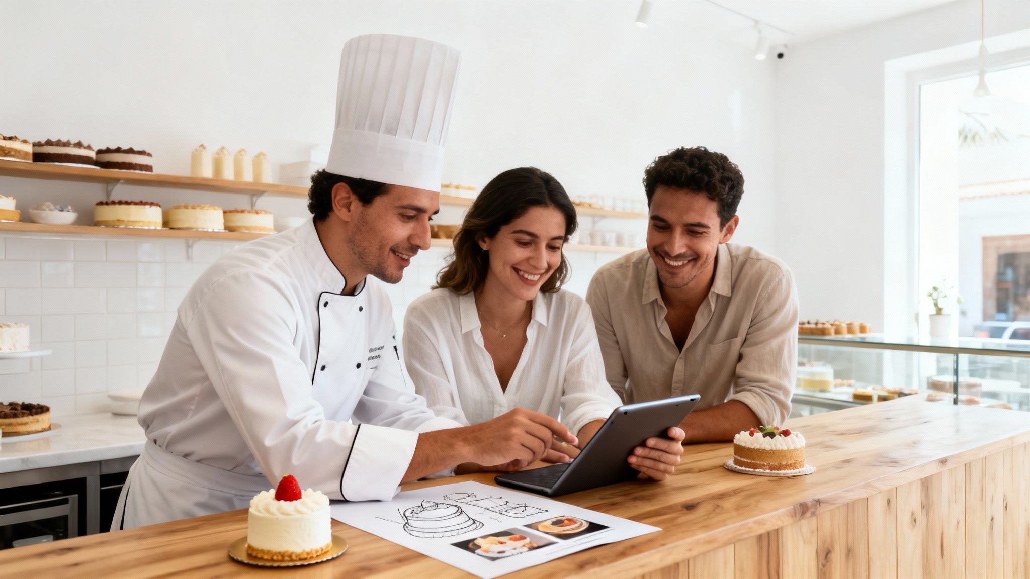 A chef discusses custom cake designs on a tablet with a smiling couple in a bright bakery.