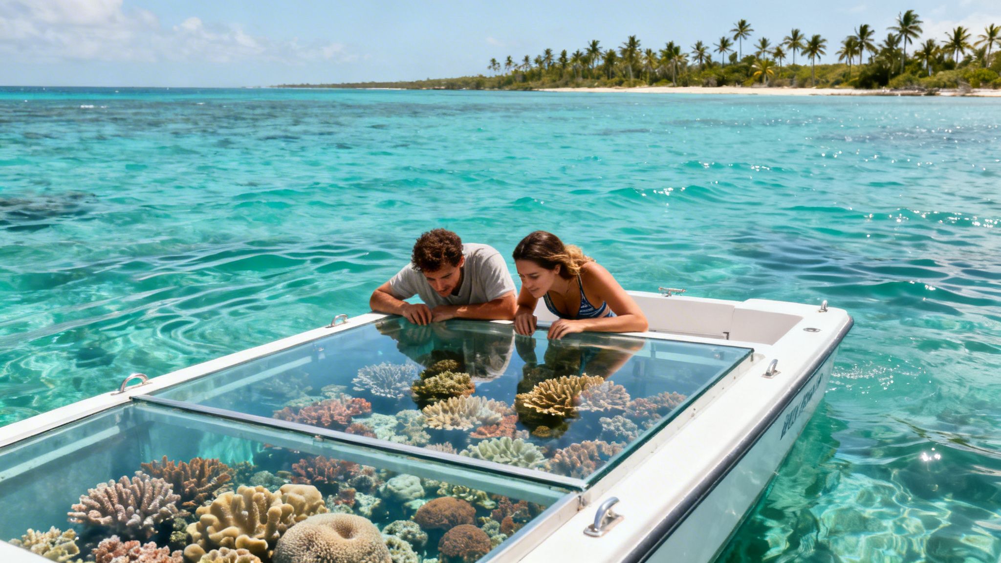 A couple on a glass-bottom boat enjoys viewing colorful coral reefs in a clear blue ocean.