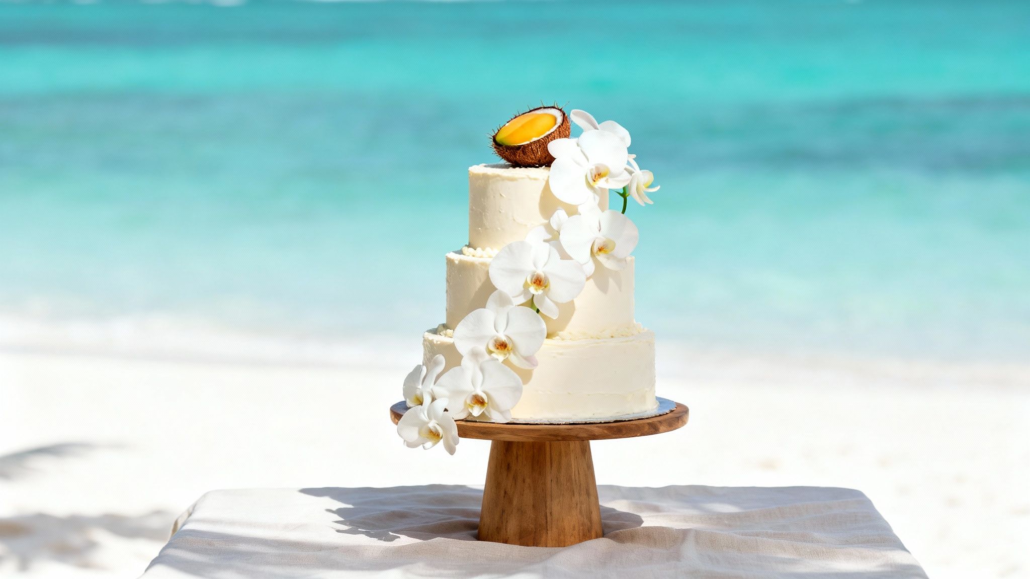 Tropical three-tier wedding cake with white orchids and coconut on a pristine beach.
