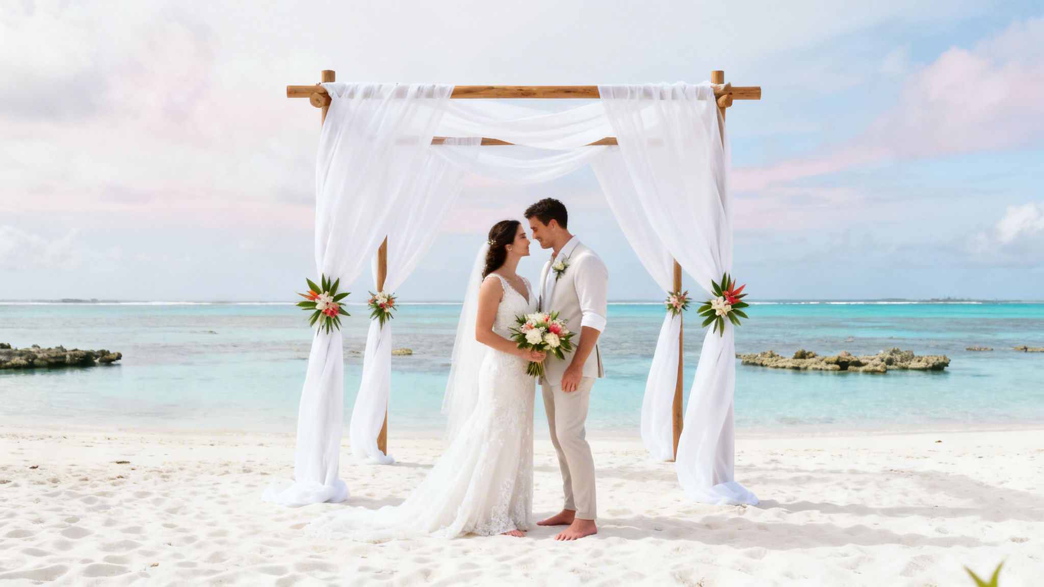 A newlywed couple exchanges vows on a white sandy beach under a decorated arch with turquoise water.