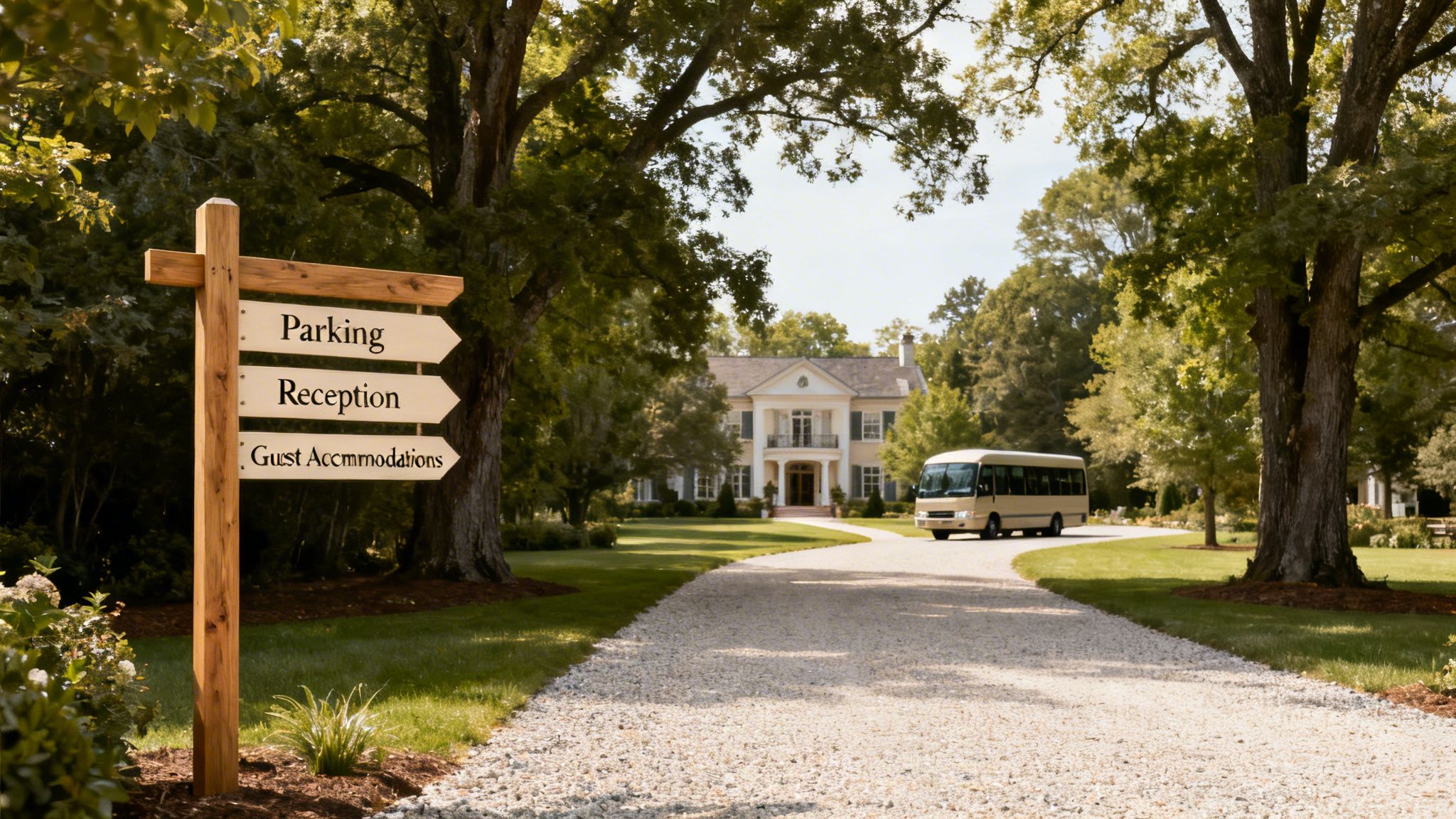 A wooden signpost directs visitors on a scenic gravel driveway towards a grand mansion, with a bus.