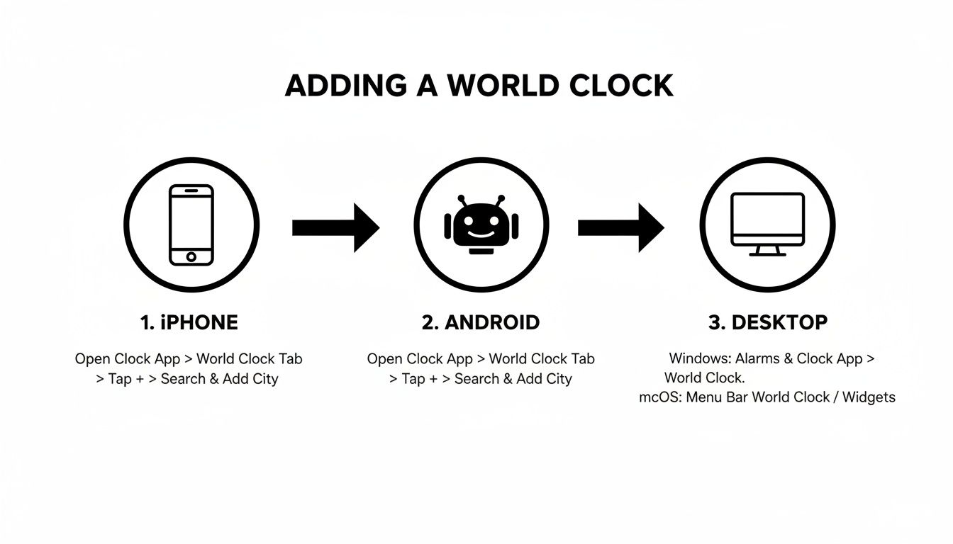 A visual guide showing how to add a world clock on iPhone, Android, Windows, and macOS.