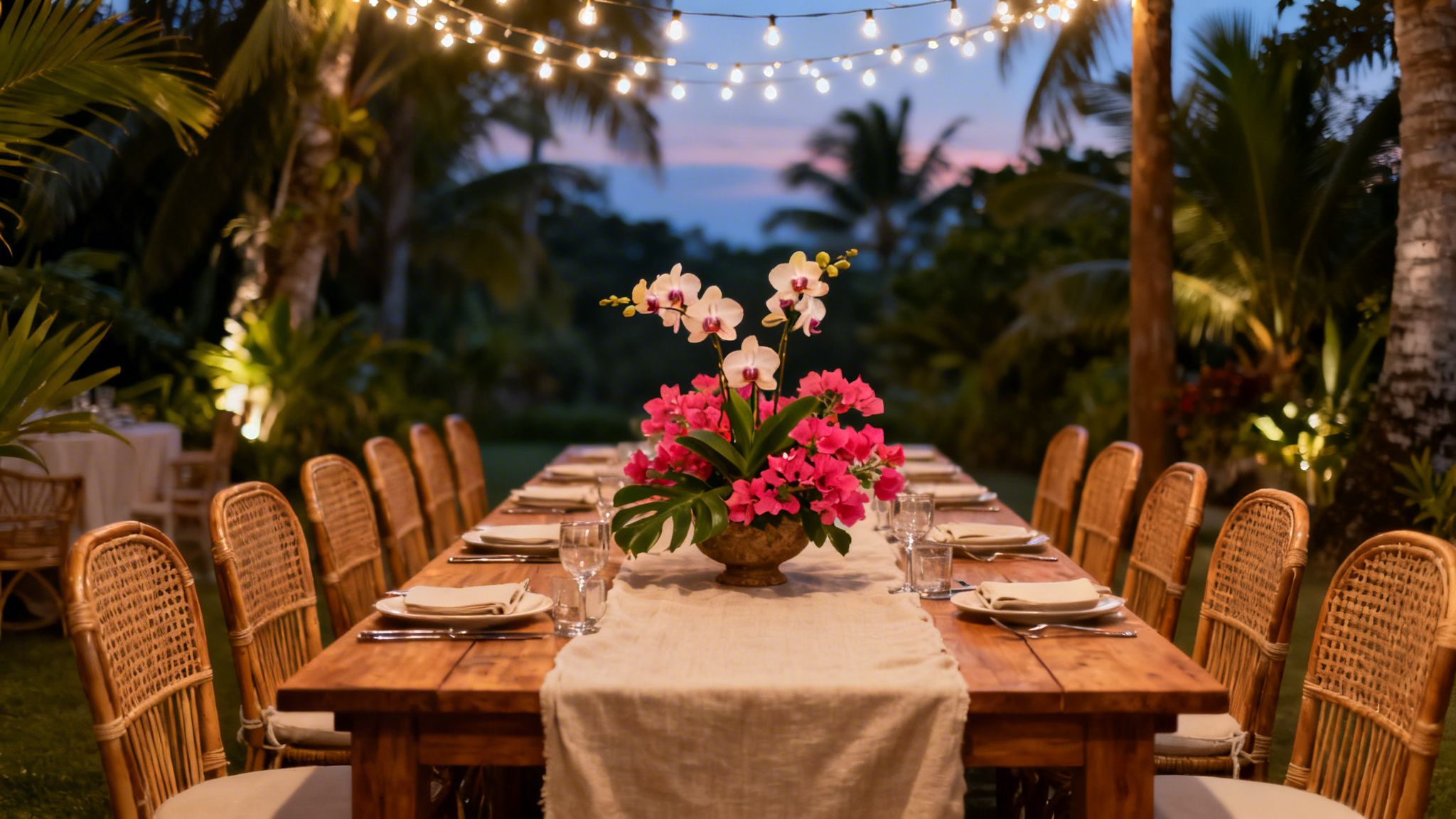 An elegant outdoor dinner table set for a tropical evening event with string lights and floral centerpiece.