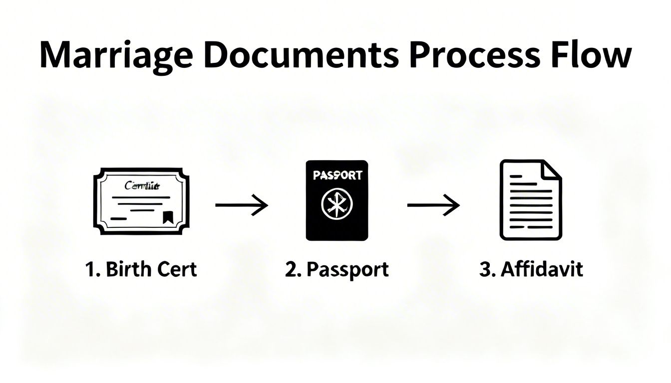 A flowchart illustrates the marriage documents process, detailing steps for birth certificate, passport, and affidavit.