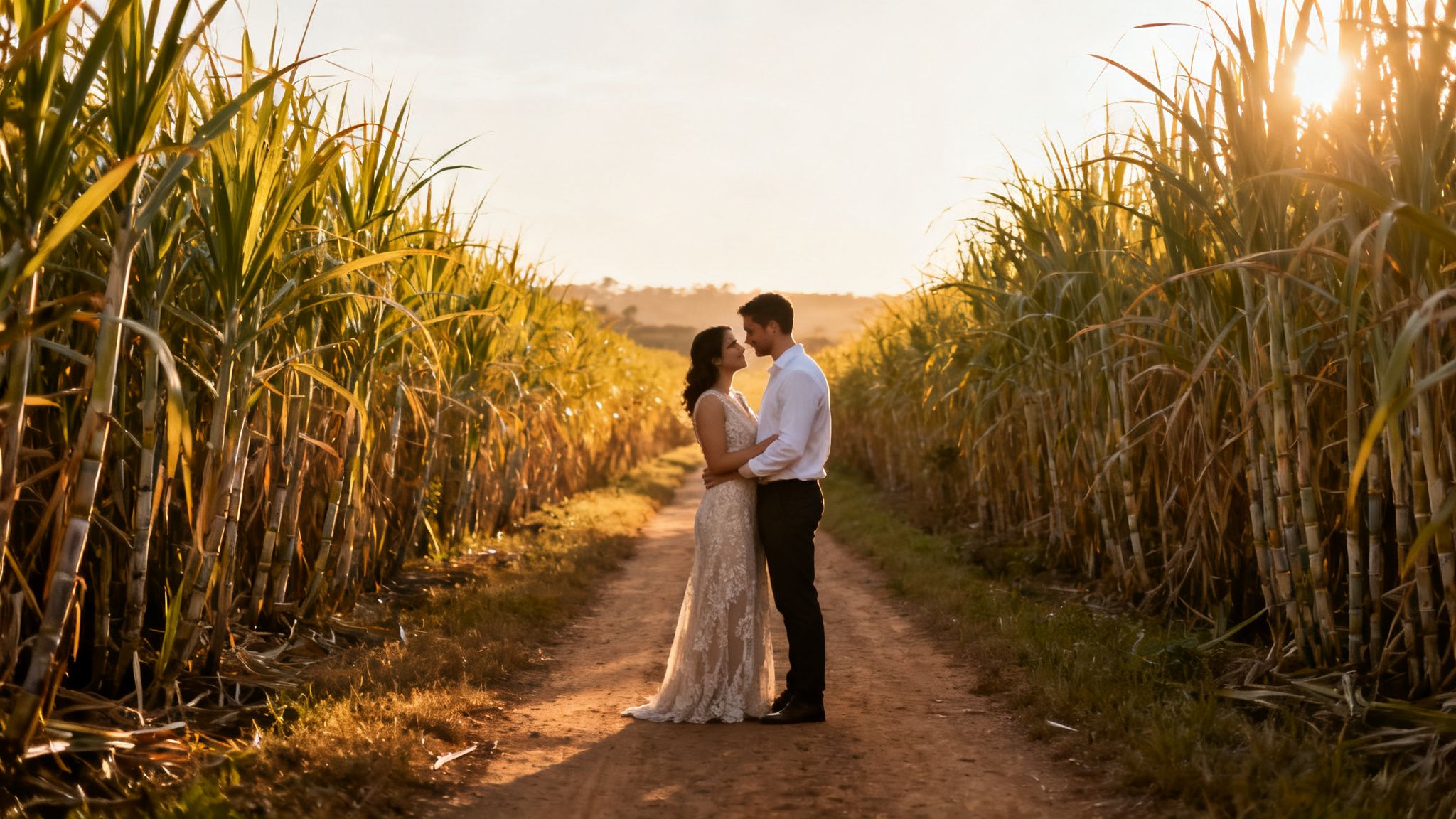 A newlywed couple embraces on a dirt path between tall sugarcane fields at sunset.