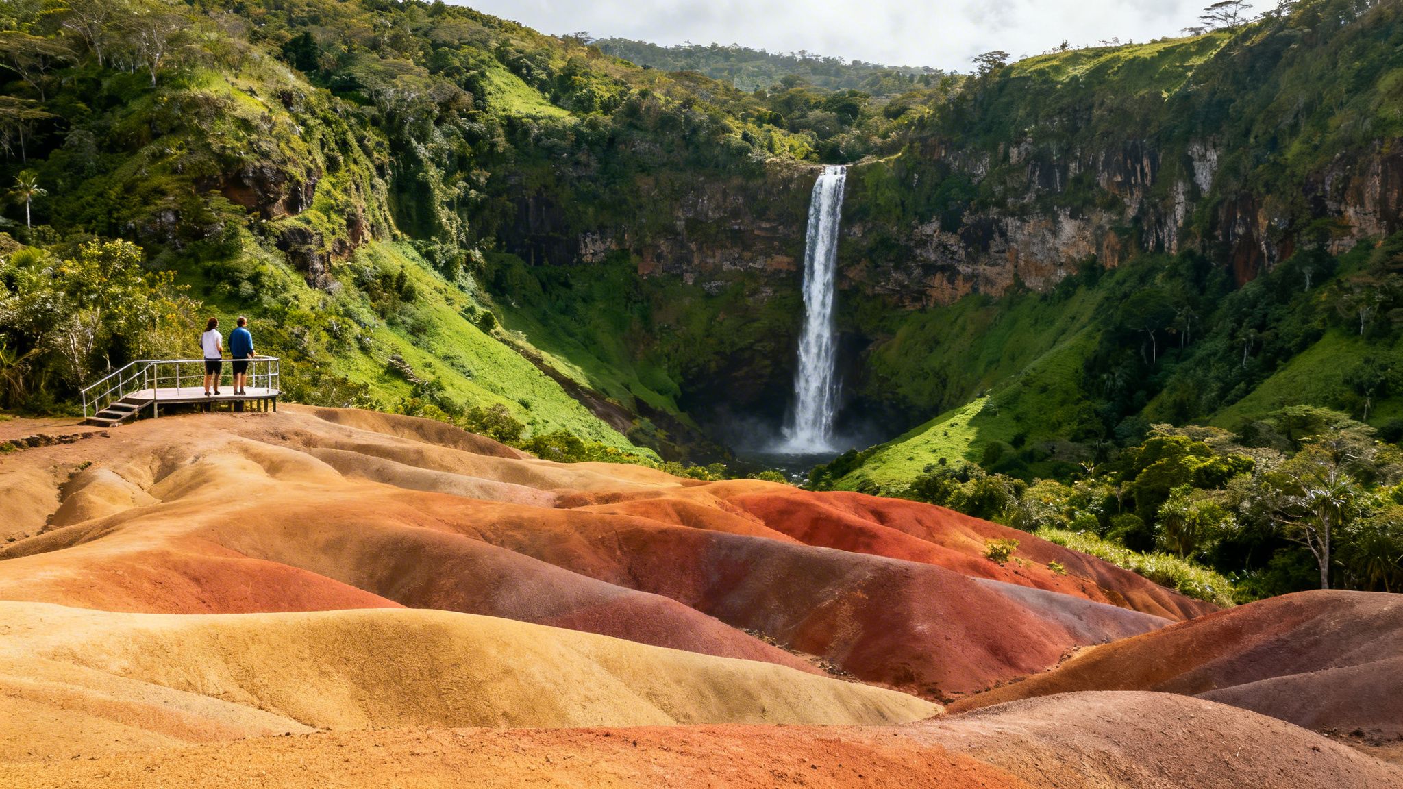 Two people admire the Chamarel Seven Coloured Earths and a majestic waterfall in Mauritius.