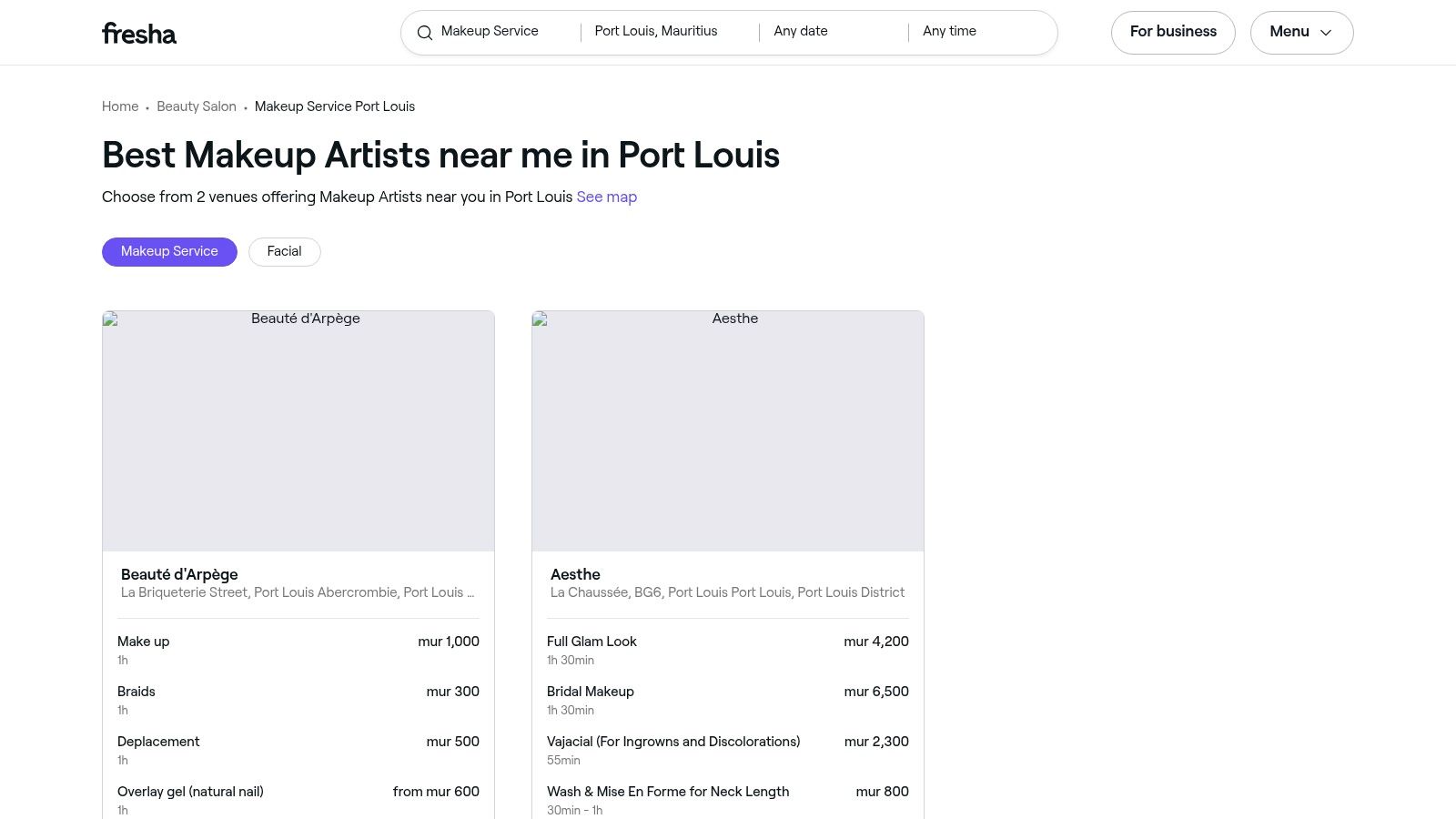 Makeup services listed on the Fresha platform for Mauritius