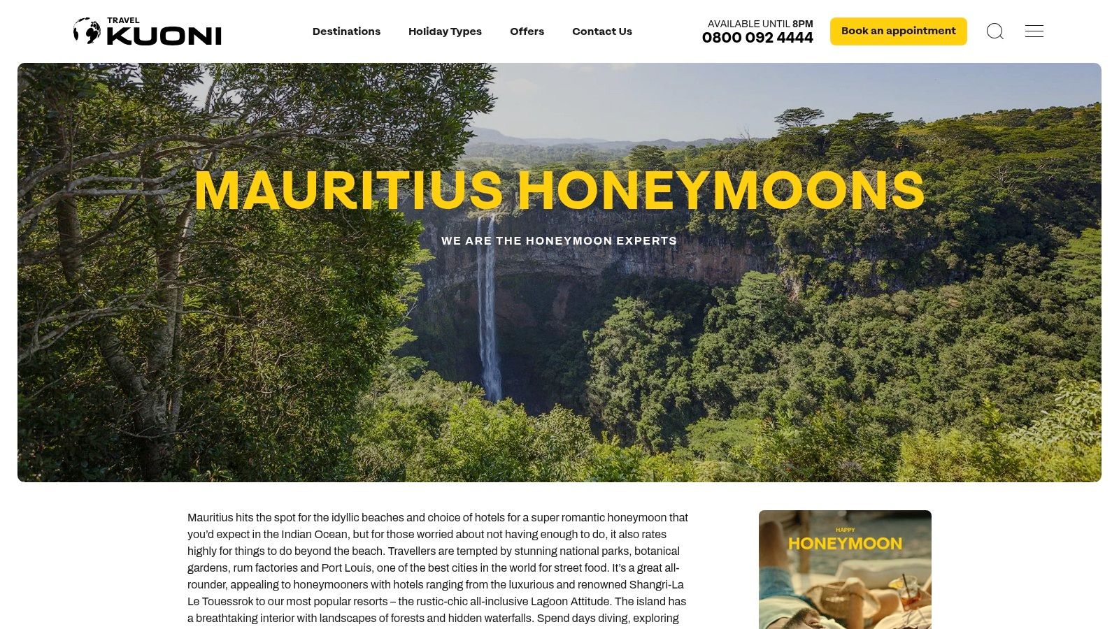 A lush waterfall in Mauritius, a popular excursion for honeymooners