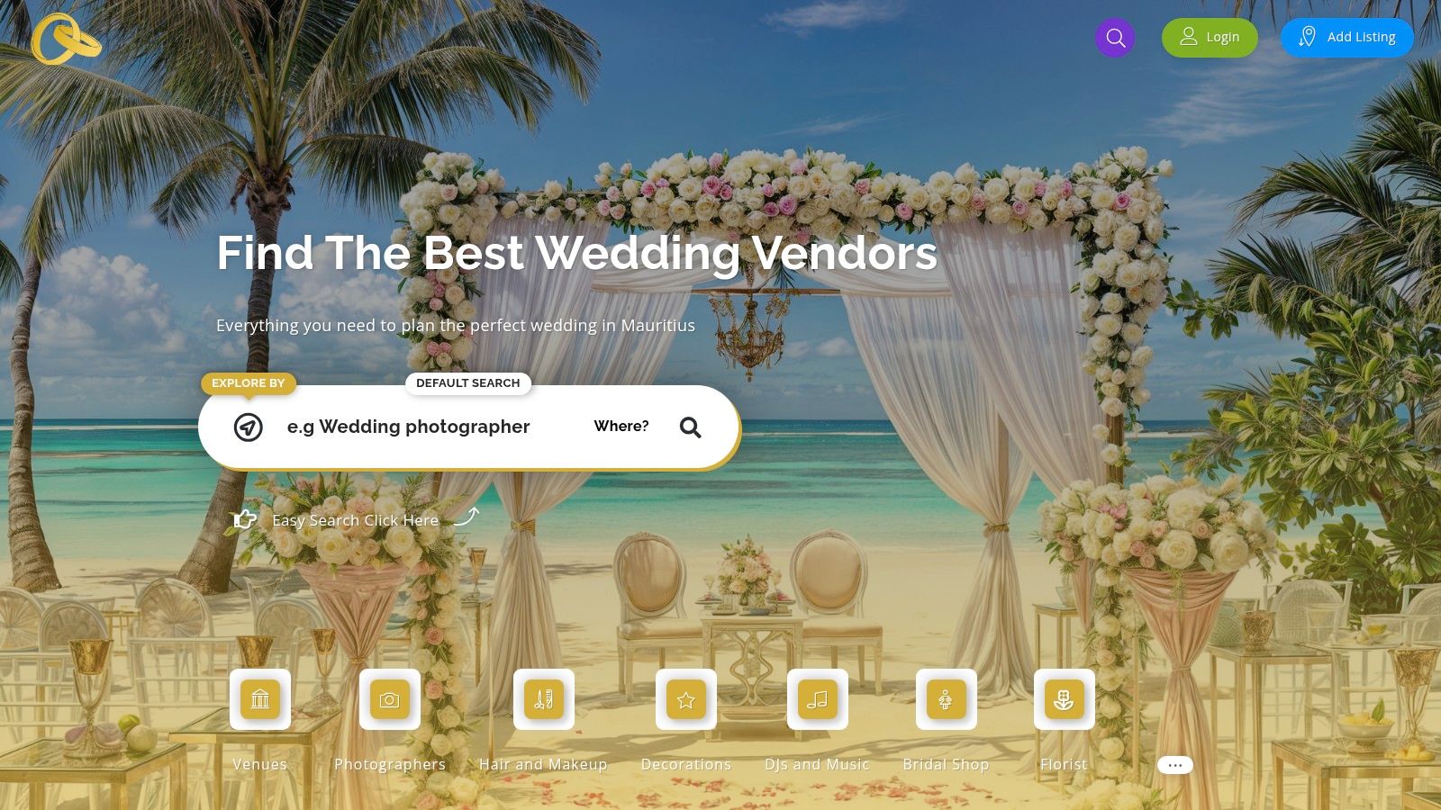 Wedding Vendors In Mauritius website interface showcasing a directory of wedding suppliers