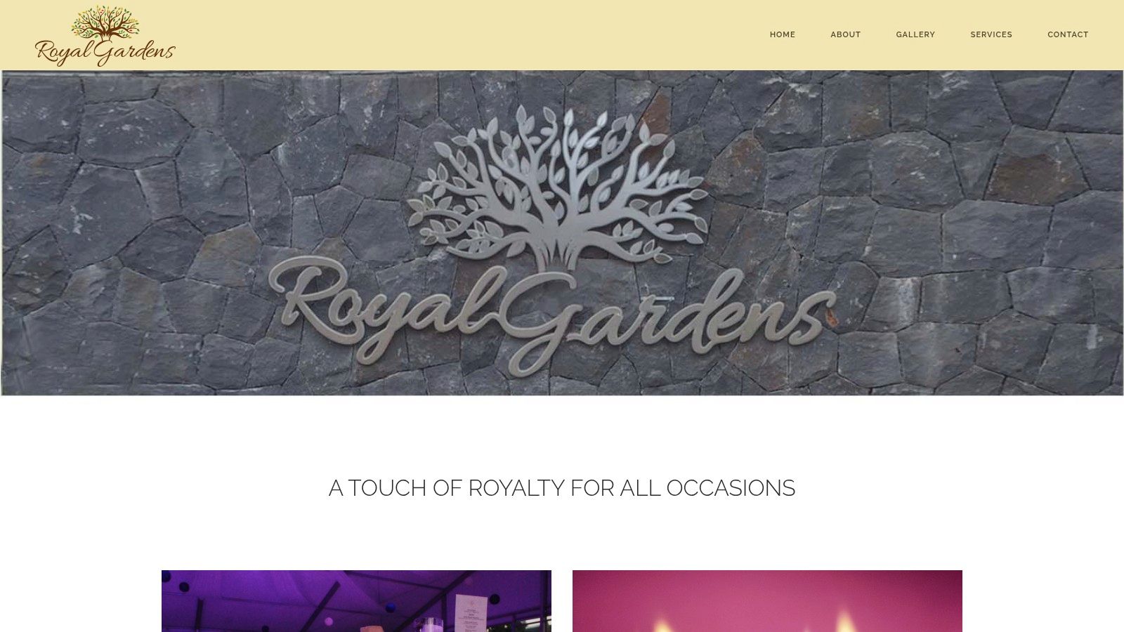 The elegant entrance and branding for Royal Gardens, a dedicated wedding venue in Mauritius.
