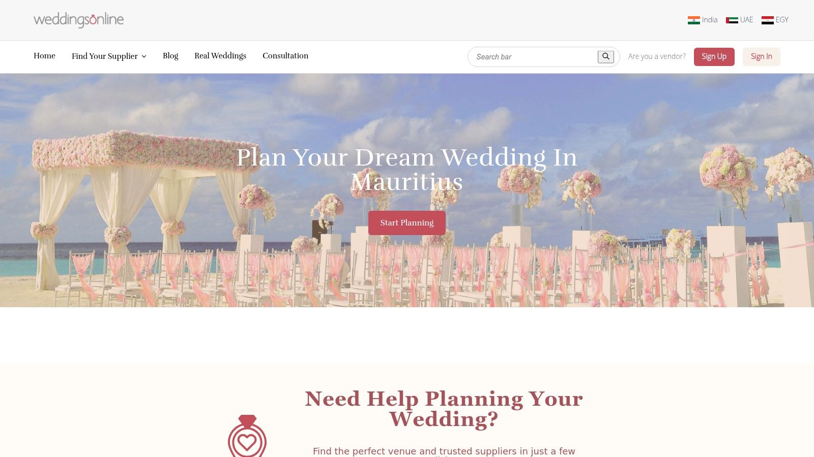 WeddingsOnline Mauritius homepage showcasing a beach wedding setup