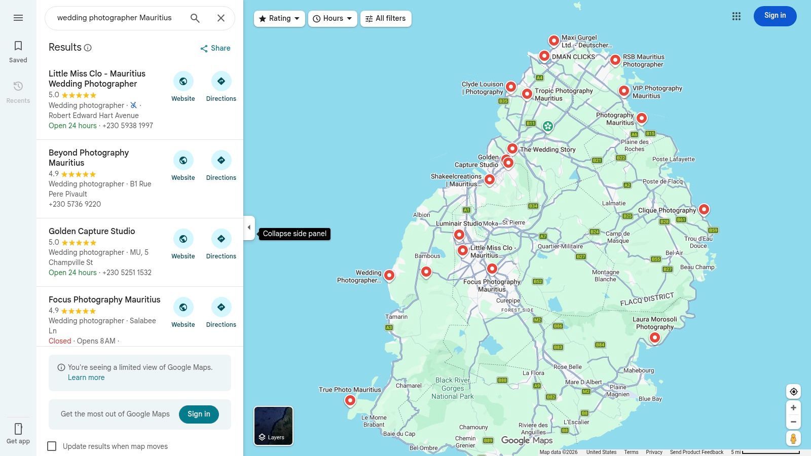 Google Maps — 'Wedding photographer Mauritius' results