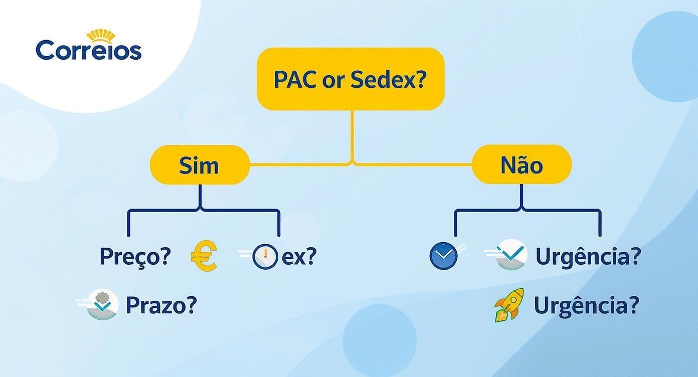 Infográfico em formato de árvore de decisão para escolher entre PAC e Sedex, com ícones de moeda, relógio e foguete.