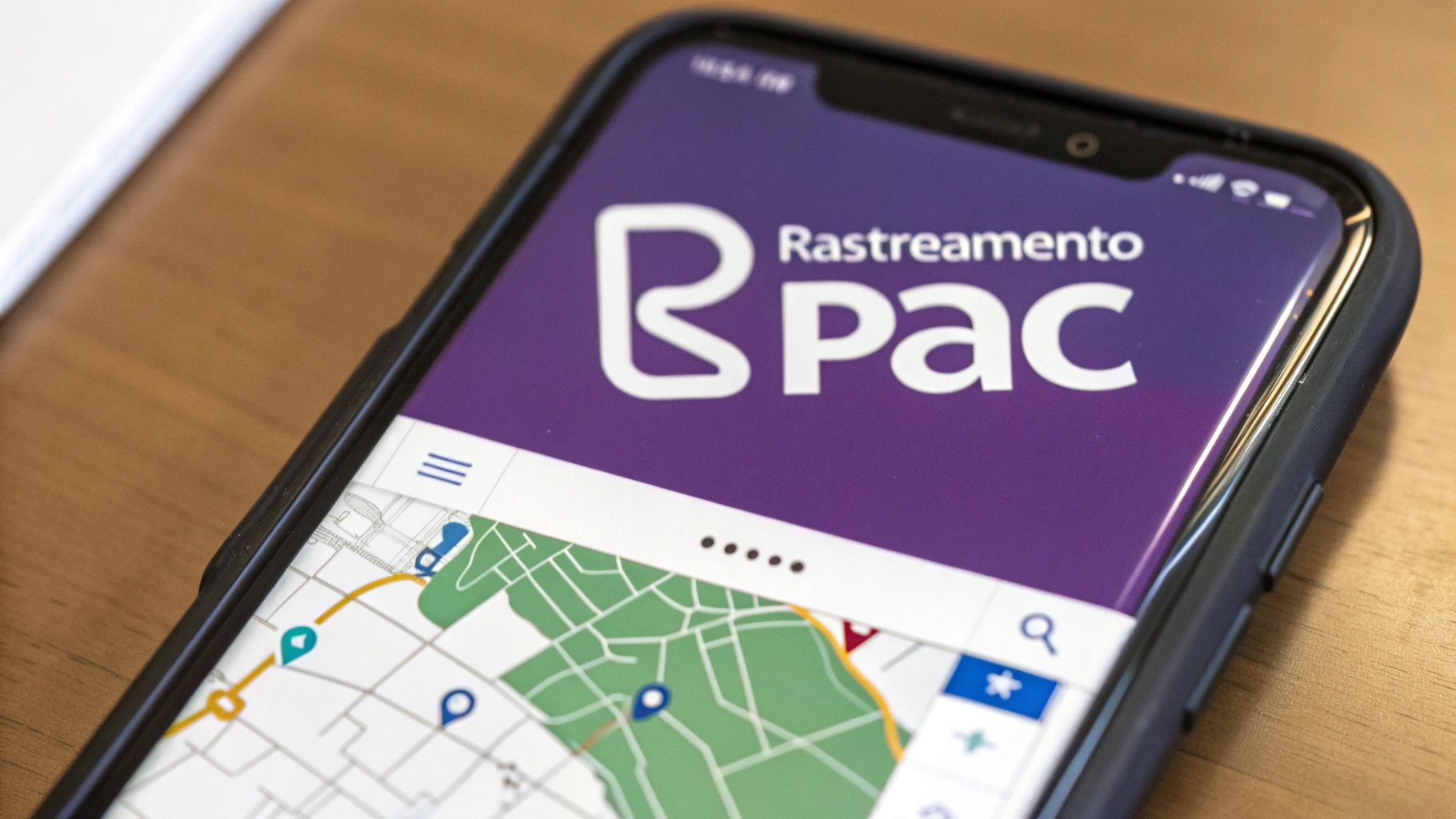 Uma pessoa rastreando uma encomenda em um smartphone, com um mapa e ícones de localização ao fundo.