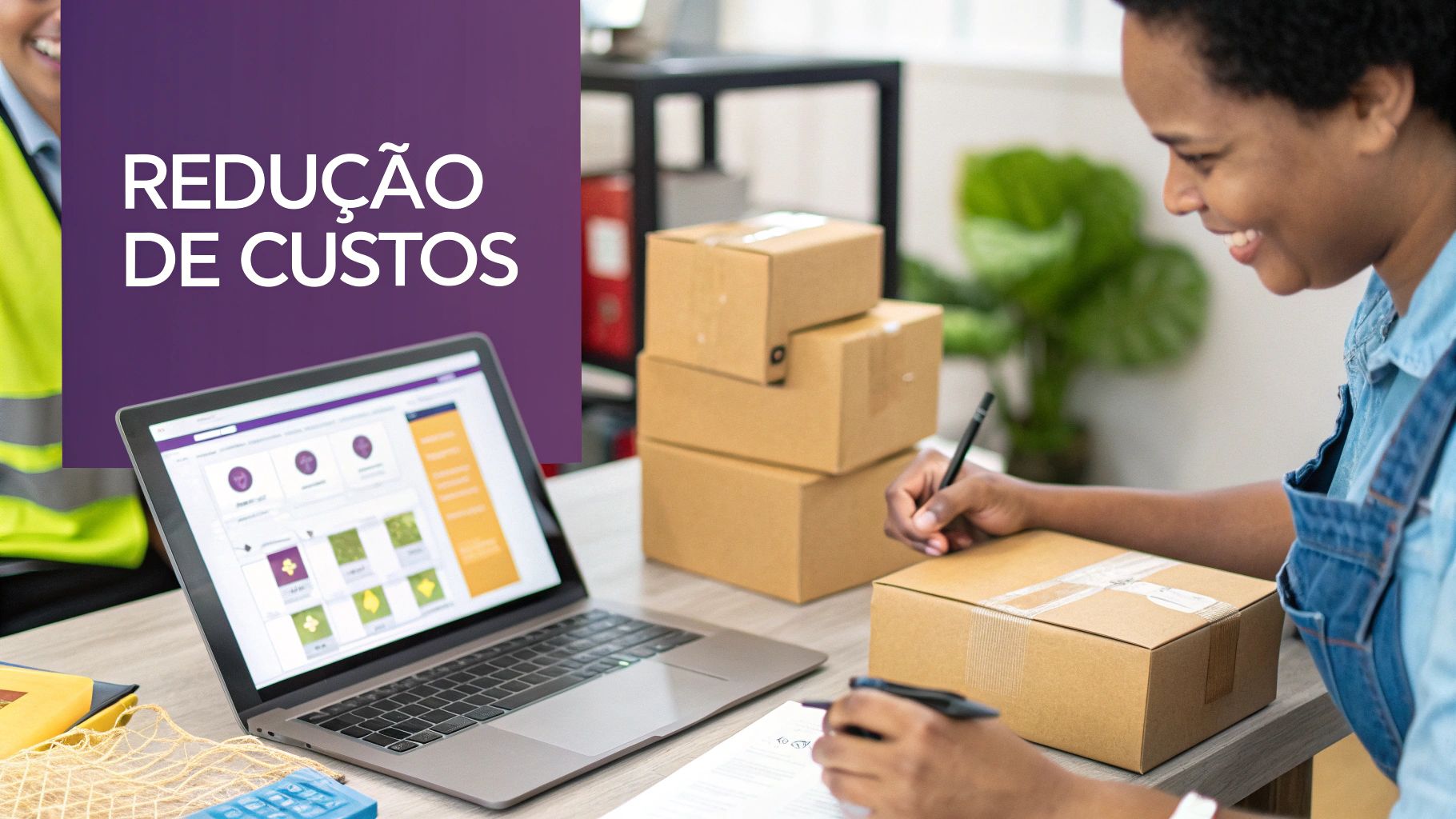 Ilustração mostrando caixas de e-commerce sendo carregadas em um caminhão, simbolizando as vantagens do frete fracionado.