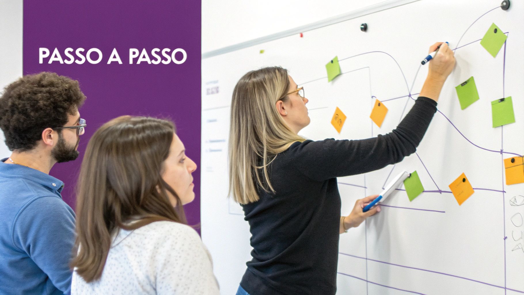 Um planejador estratégico desenhando um fluxograma complexo em um quadro branco, conectando diferentes departamentos como estoque, transporte e TI.