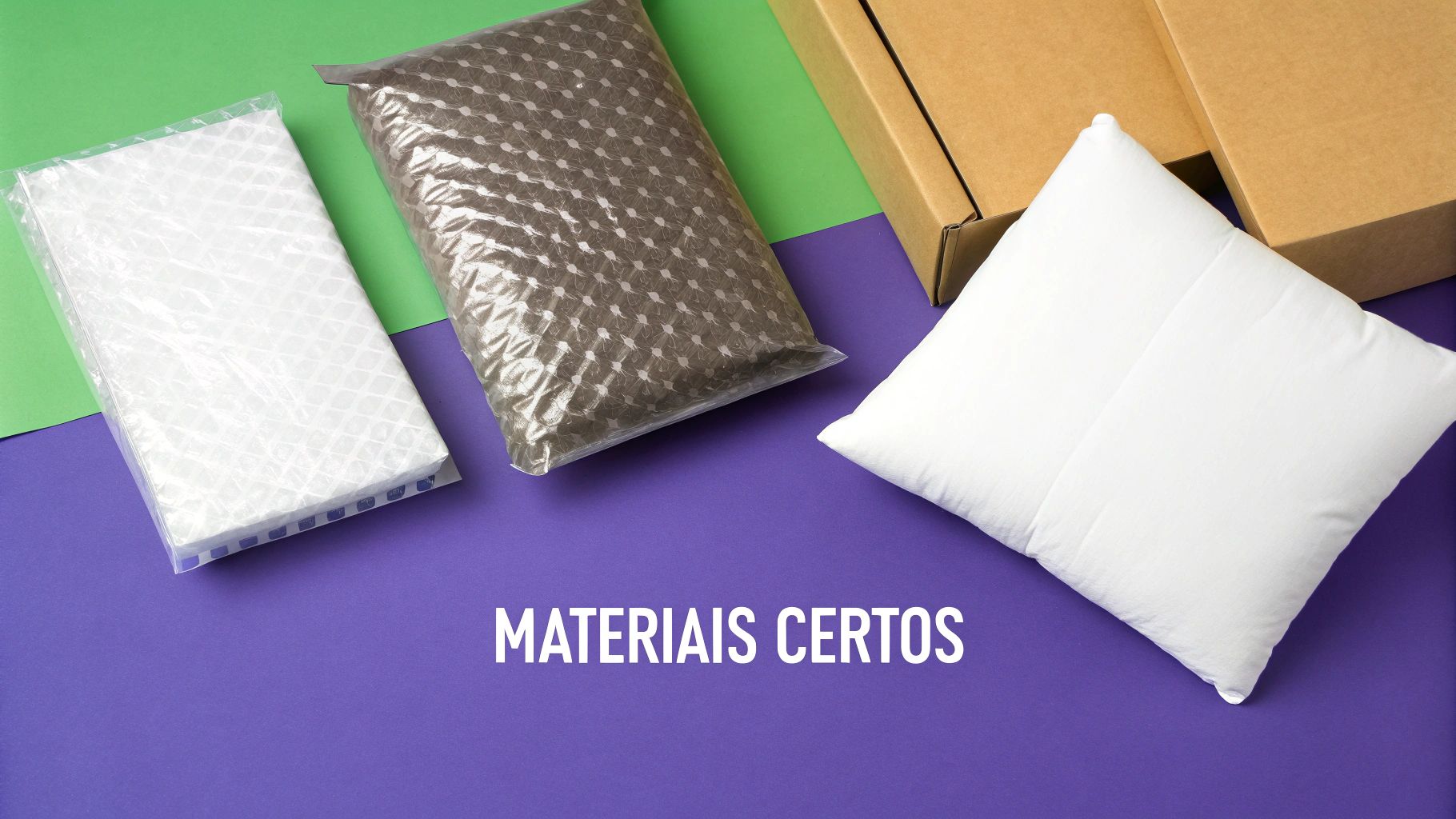 Vários tipos de materiais de embalagem, como caixas, plástico-bolha e envelopes, dispostos sobre uma mesa.