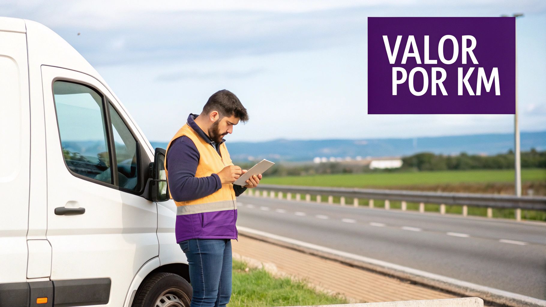 Um caminhão em uma estrada ao pôr do sol, simbolizando a jornada do frete.