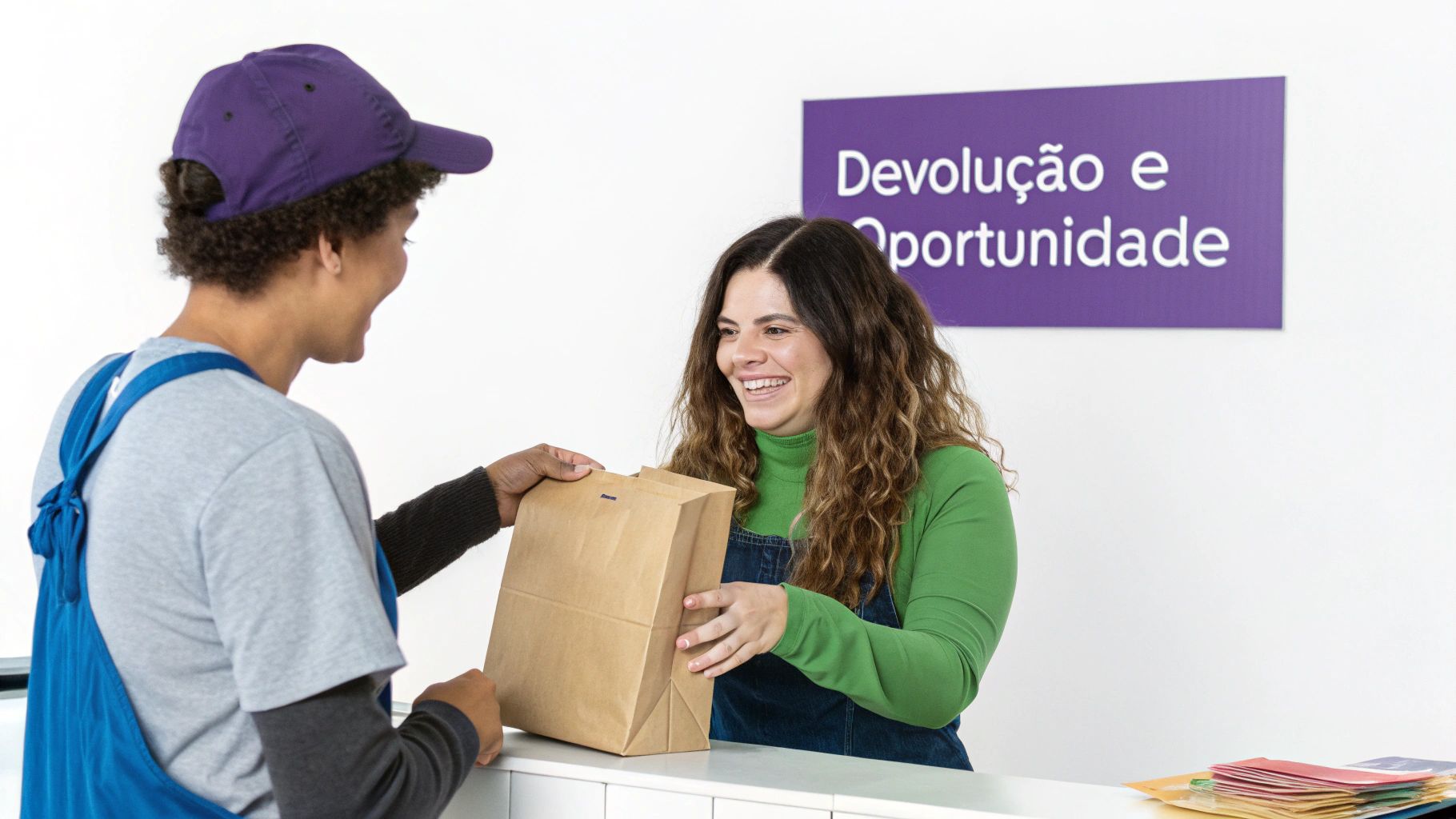 Mulher sorrindo ao receber uma caixa de entrega em casa, representando uma experiência positiva de e-commerce.