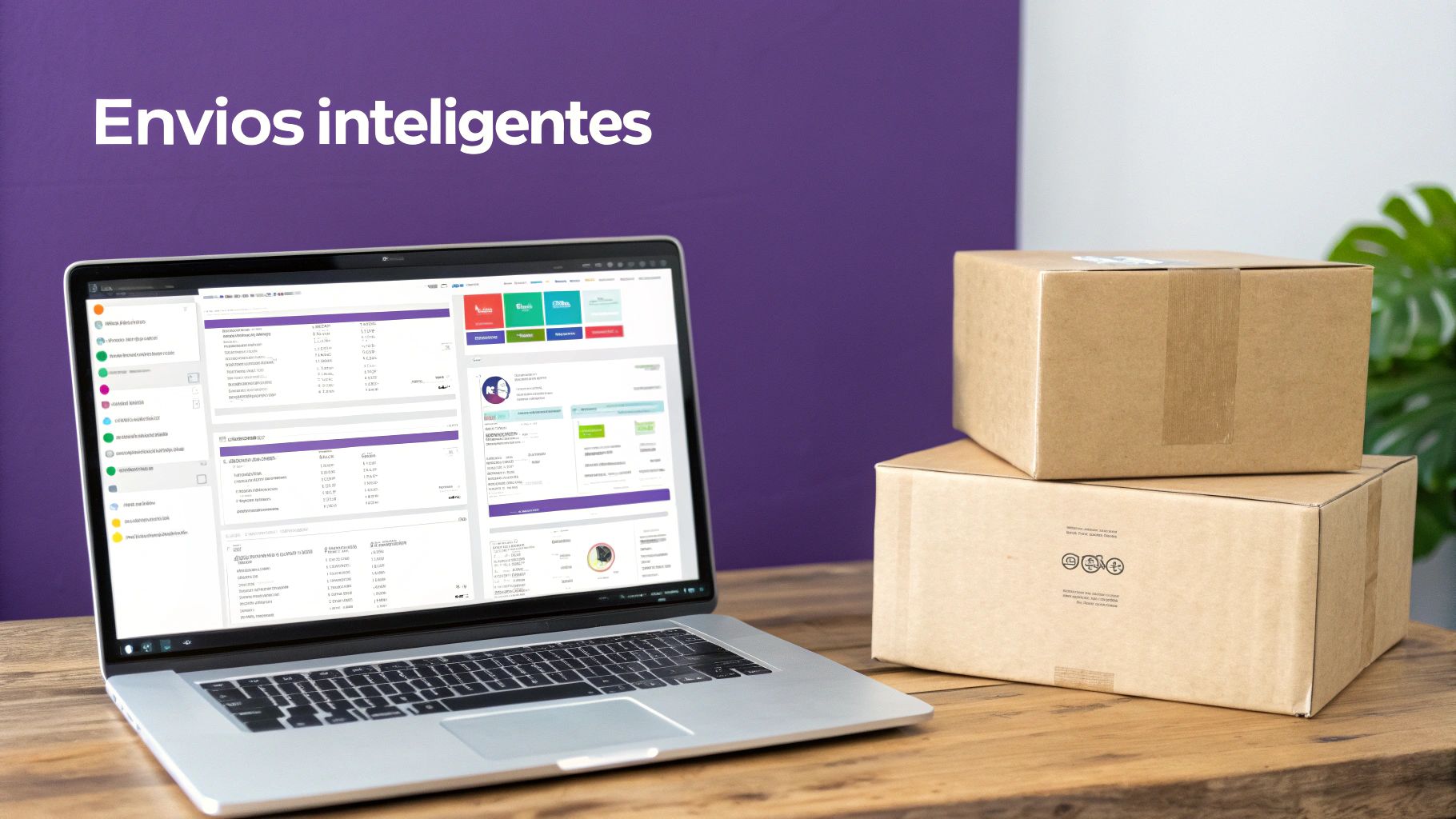 Uma pessoa usando um notebook para gerenciar envios na plataforma SmartEnvios, com caixas de e-commerce ao fundo.