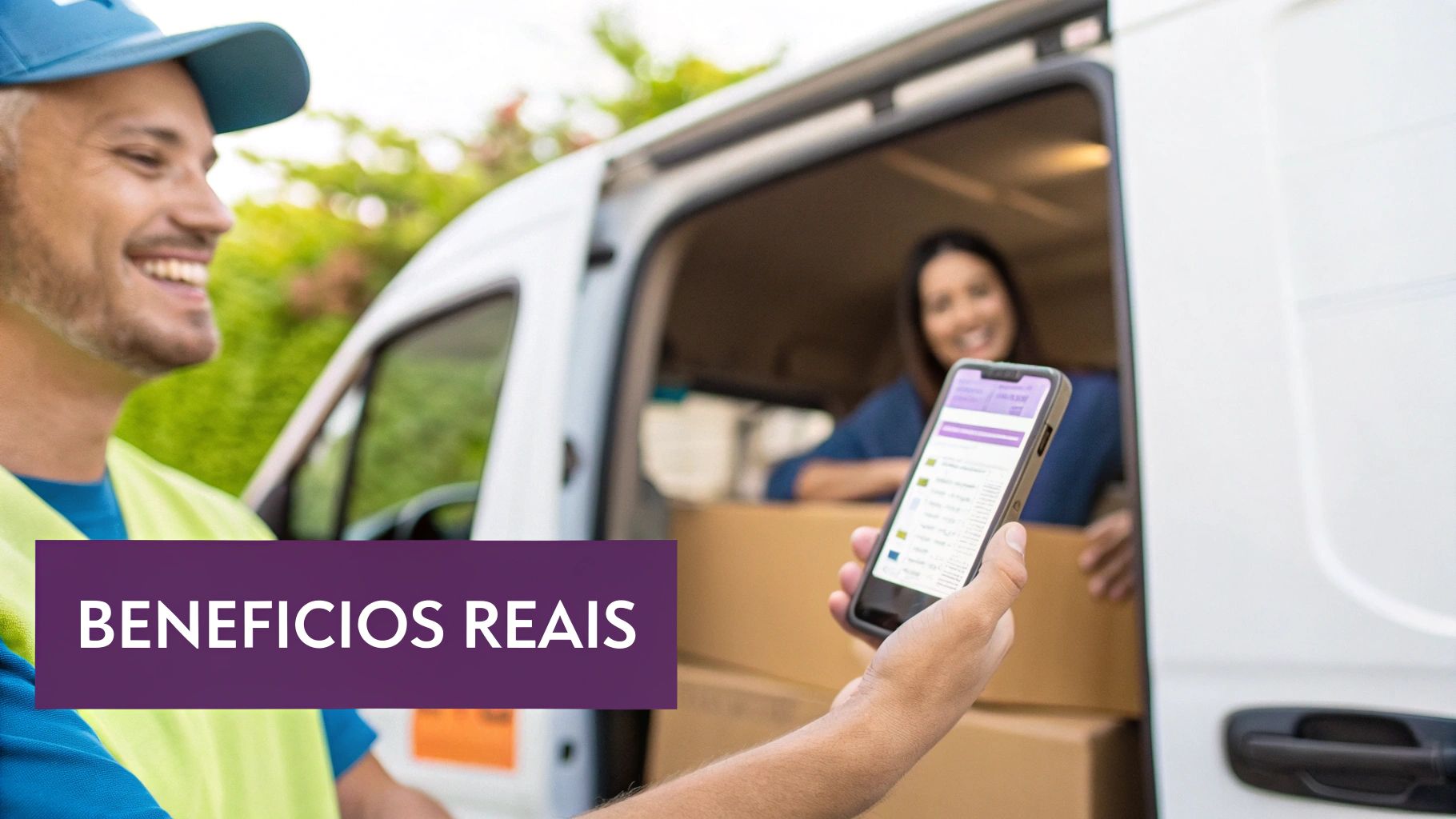 Um gráfico de barras ascendente com ícones representando redução de custos, eficiência e satisfação do cliente, simbolizando os benefícios da logística integrada.