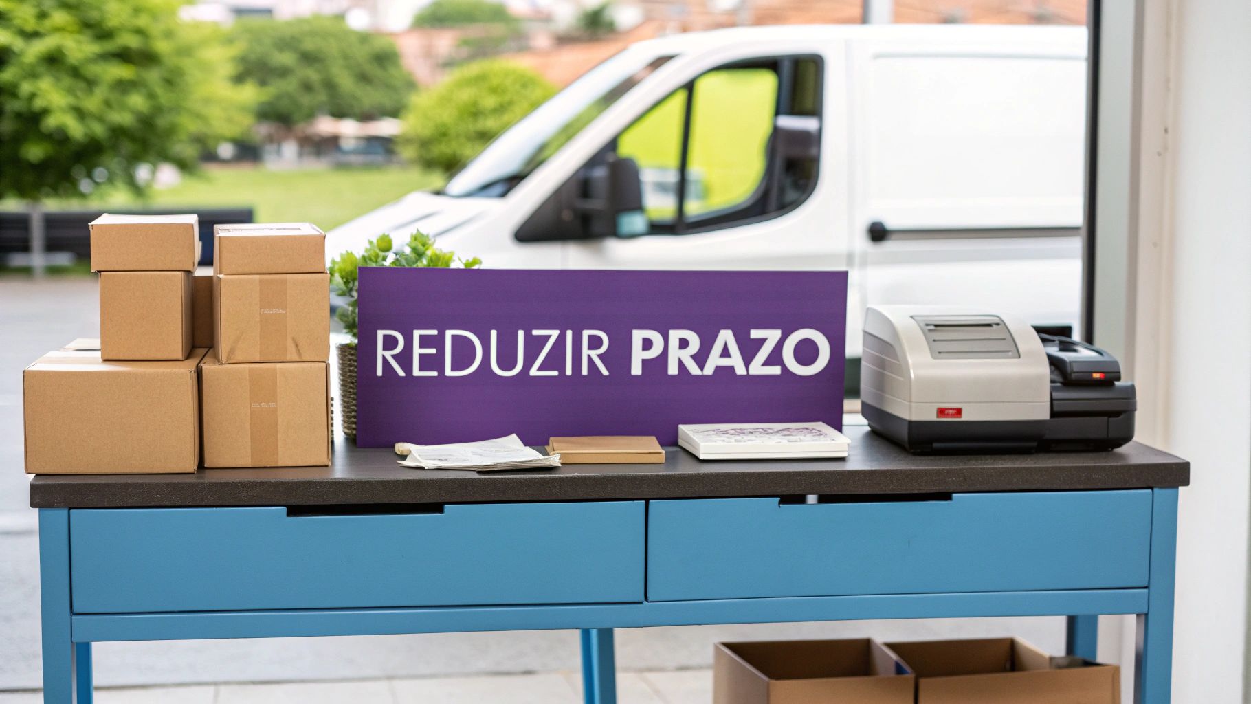 Pessoa trabalhando na logística de um e-commerce, organizando caixas para envio.