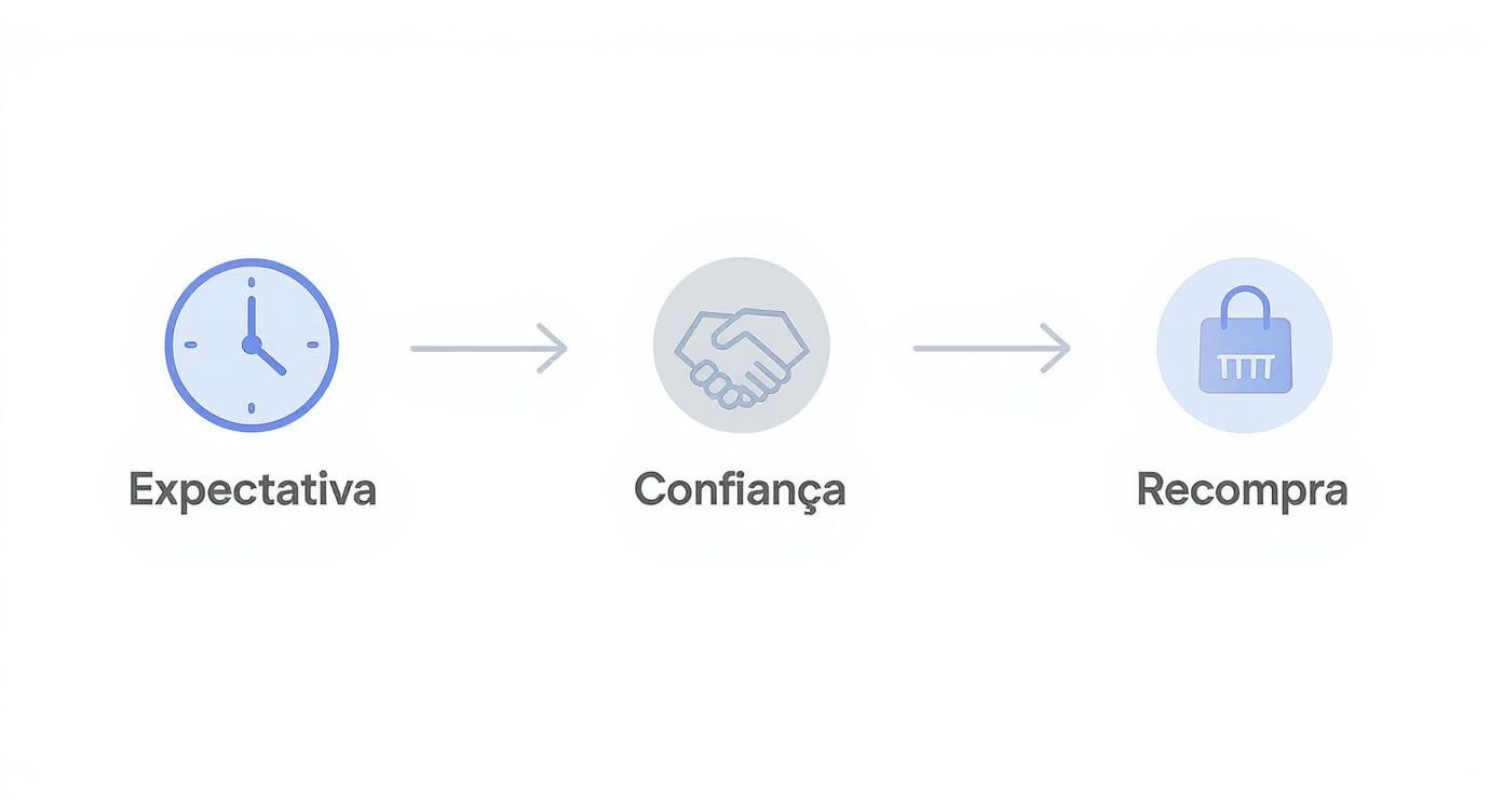 Infográfico sobre prazo de entrega mostrando os passos da expectativa, confiança e recompra