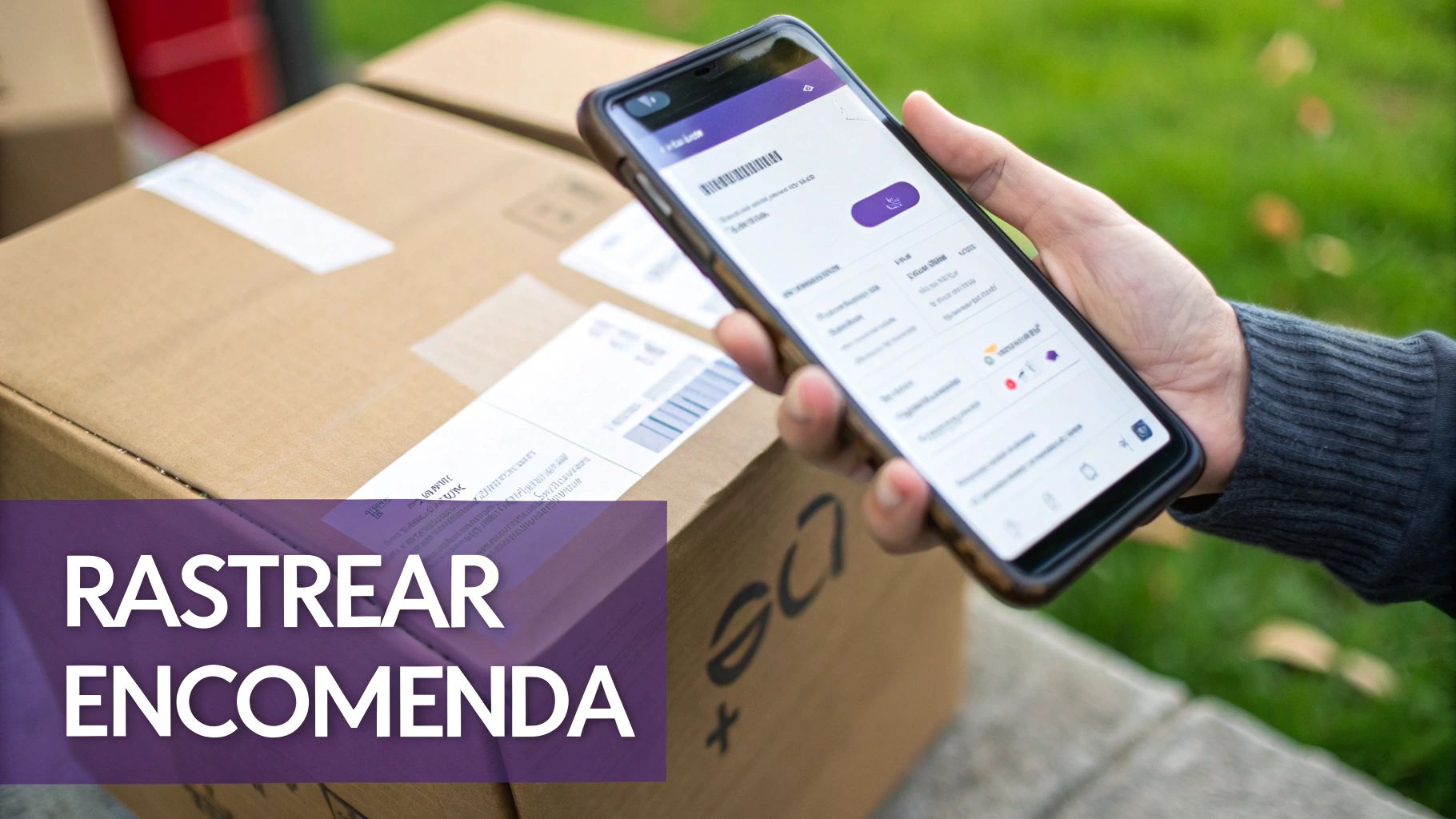 Mulher rastreando uma encomenda em seu smartphone com caixas ao fundo.