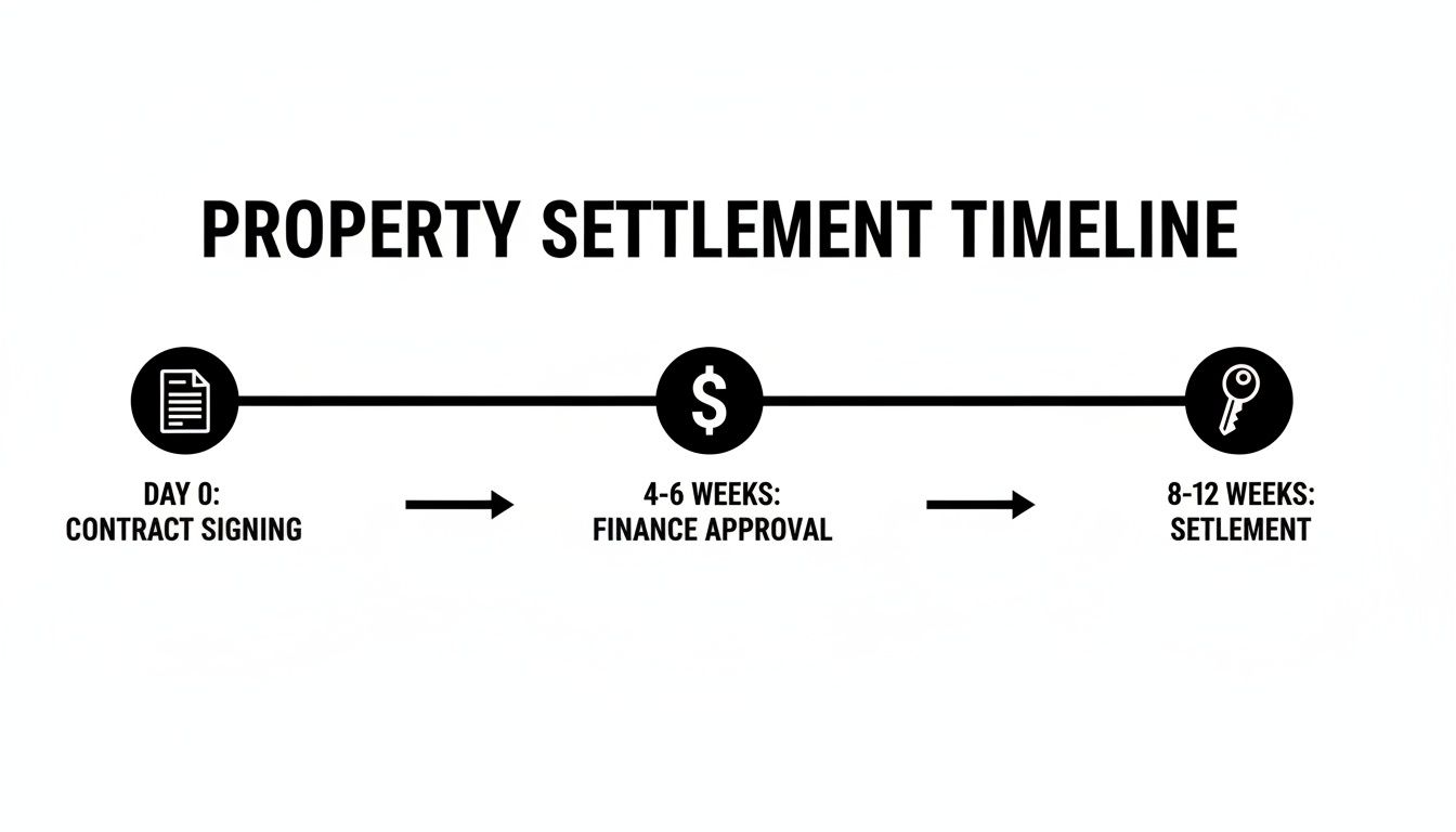 A property settlement timeline showing contract signing, finance approval, and settlement stages.