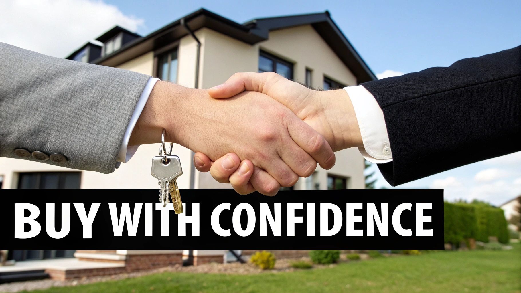 A handshake with house keys, symbolizing a property purchase with the text 'BUY WITH CONFIDENCE' in front of a modern house.
