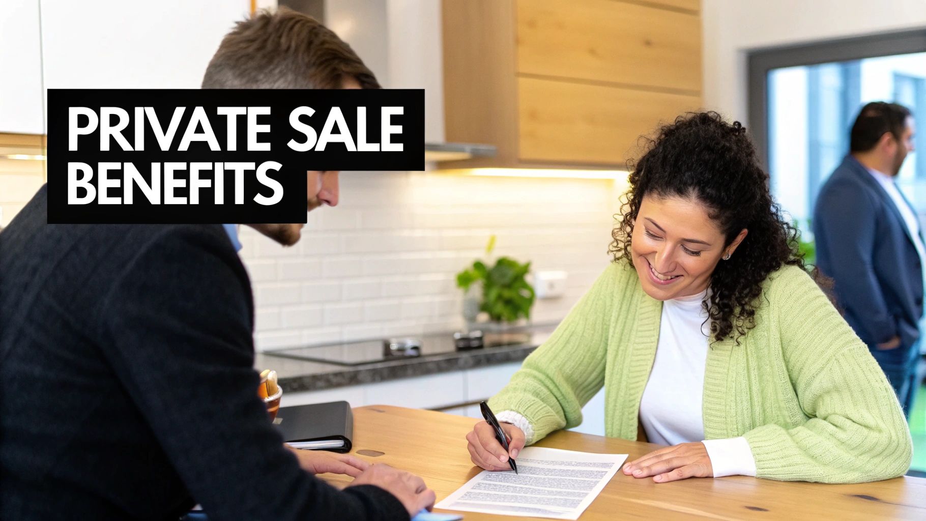 Woman in green cardigan signing private sale contract during real estate transaction meeting
