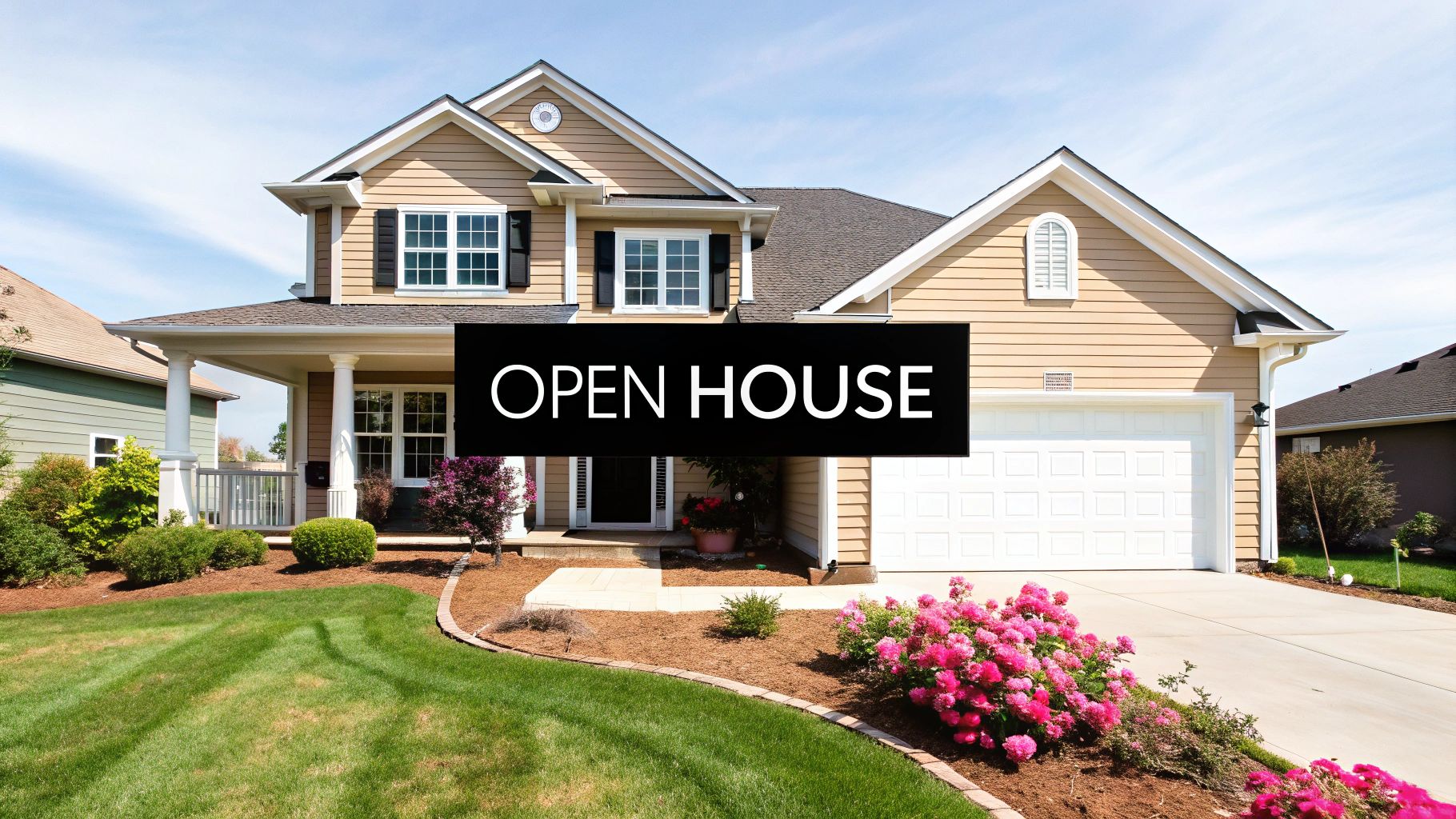 Front view of a suburban house with an 'OPEN HOUSE' banner, manicured lawn, and beautiful landscaping.