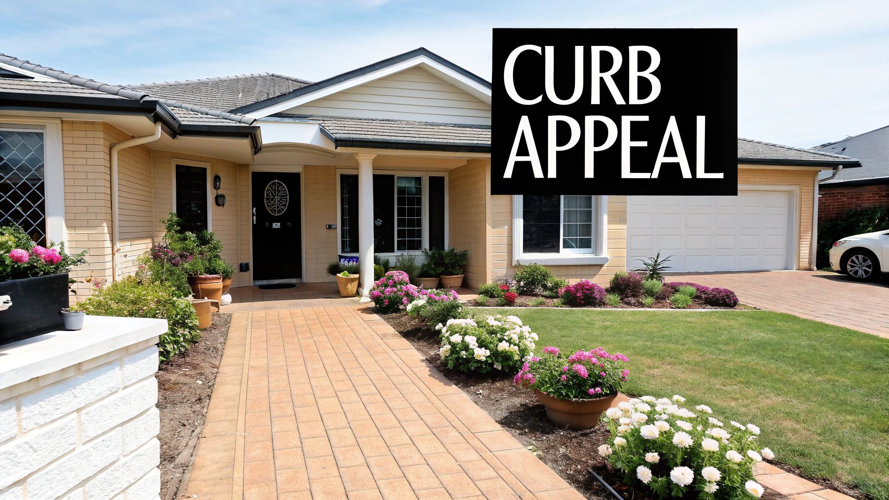 A well-maintained single-story house with a vibrant landscaped garden, a brick pathway, and a garage, emphasizing curb appeal.