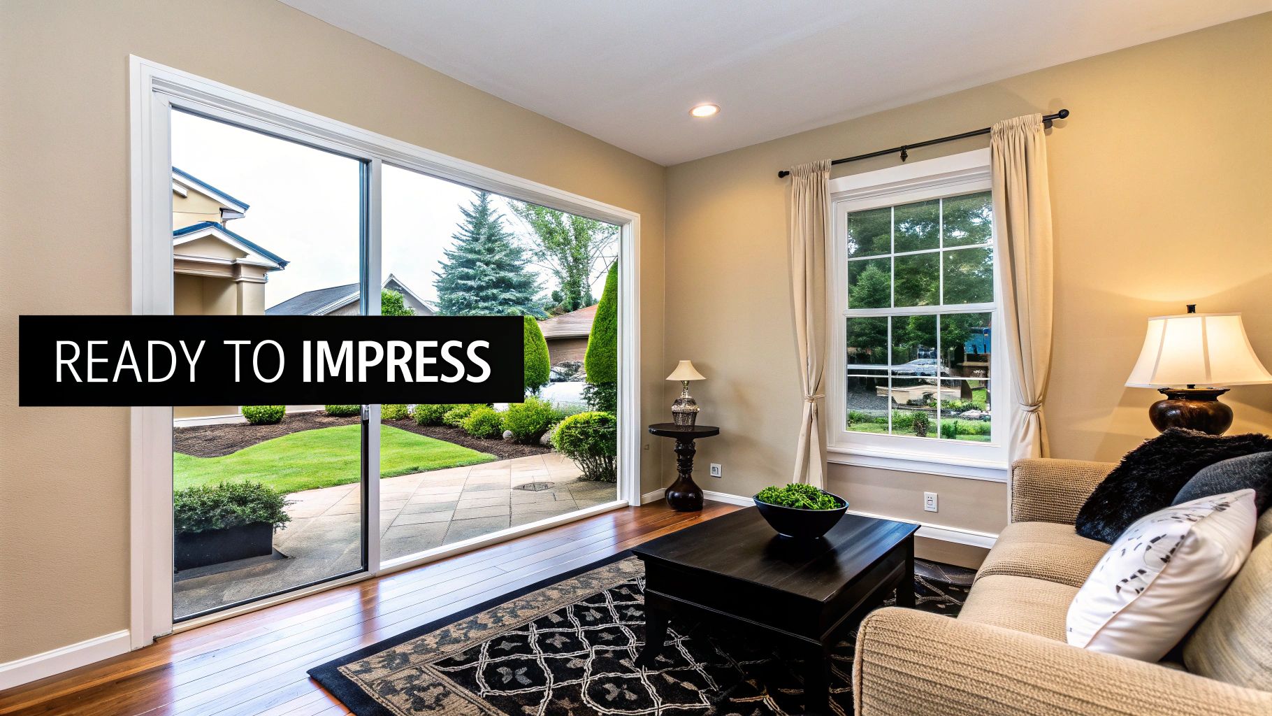 An inviting living room with a sliding glass door to a beautifully landscaped backyard, ready to impress.