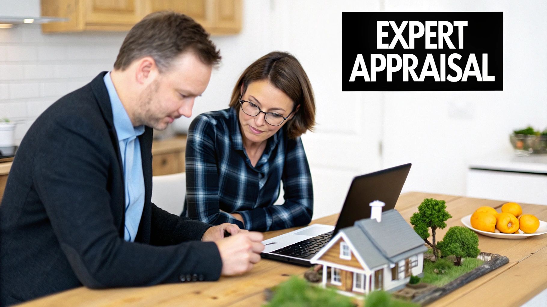 Two people reviewing a miniature house model and laptop on a wooden table, representing an expert appraisal.