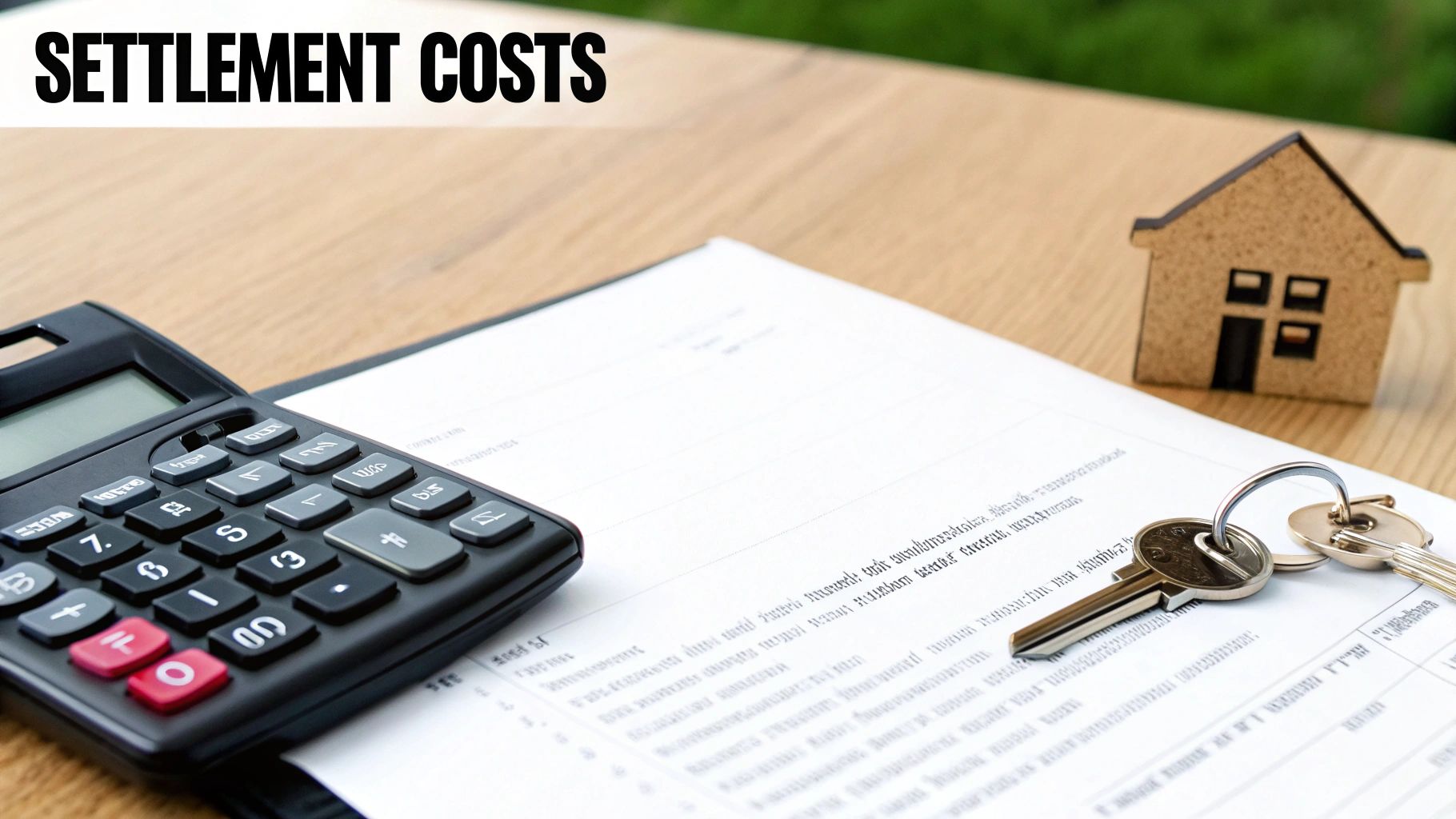 A calculator and a small model house on a wooden table, representing property settlement costs.