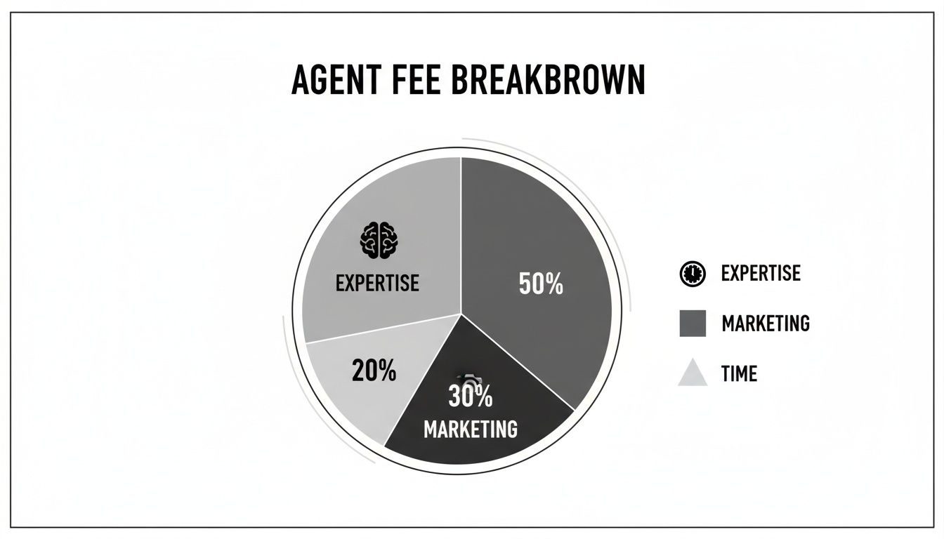 A pie chart illustrating an agent fee breakdown: 50% Expertise, 30% Marketing, 20% Time.