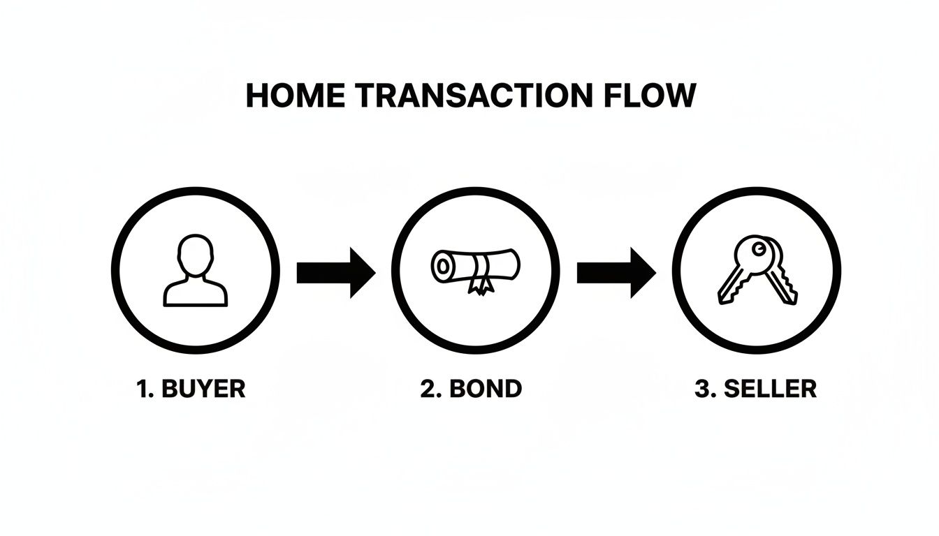 Flowchart illustrating home transaction steps: buyer, bond (document), and seller (keys), connected by arrows.