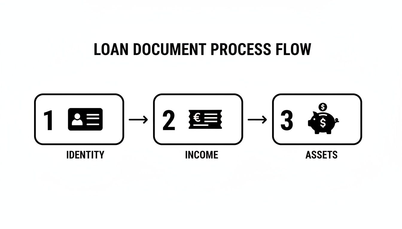 A flow chart illustrating the loan document process with steps for identity, income, and assets.