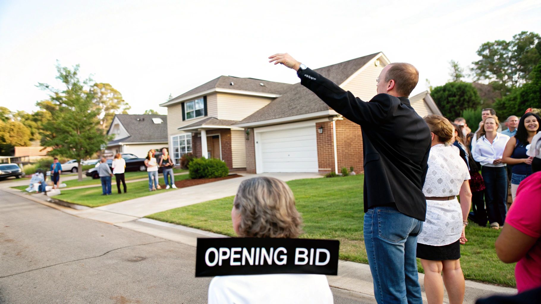 An auctioneer raises his arm at a residential property auction with an 'OPENING BID' sign.