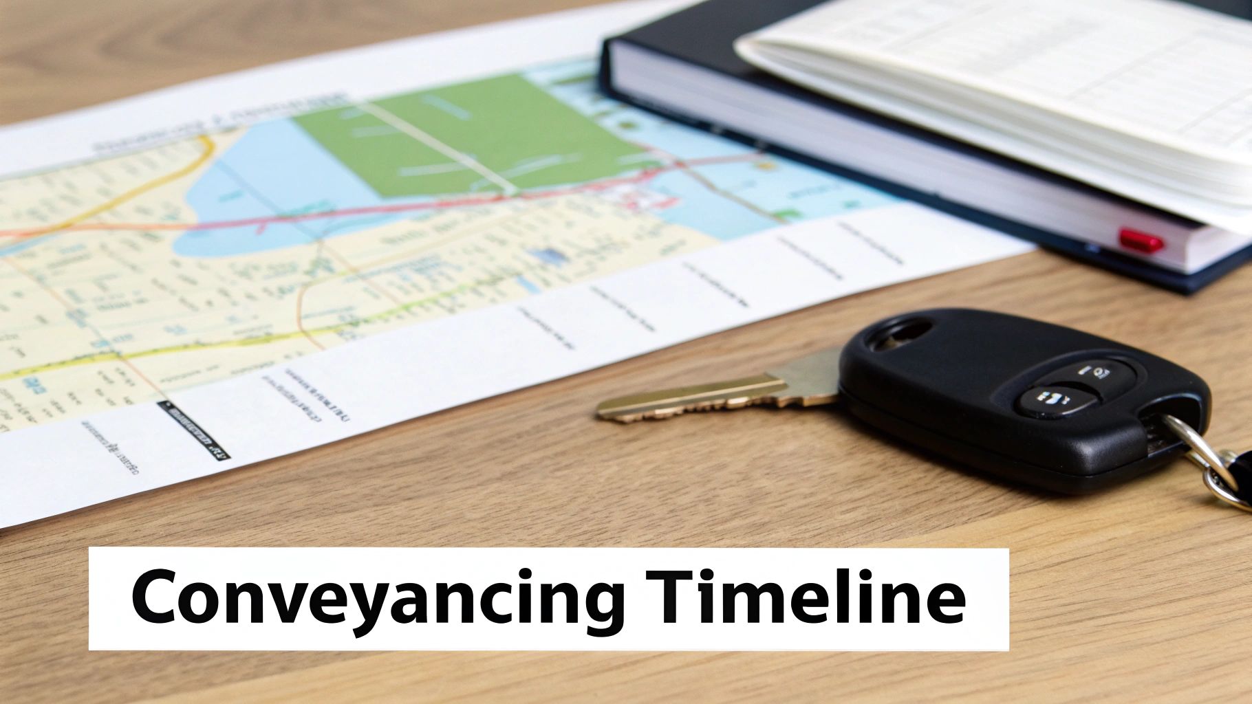 A conveyancing timeline graphic with a map, notebook, and car keys on a wooden table.