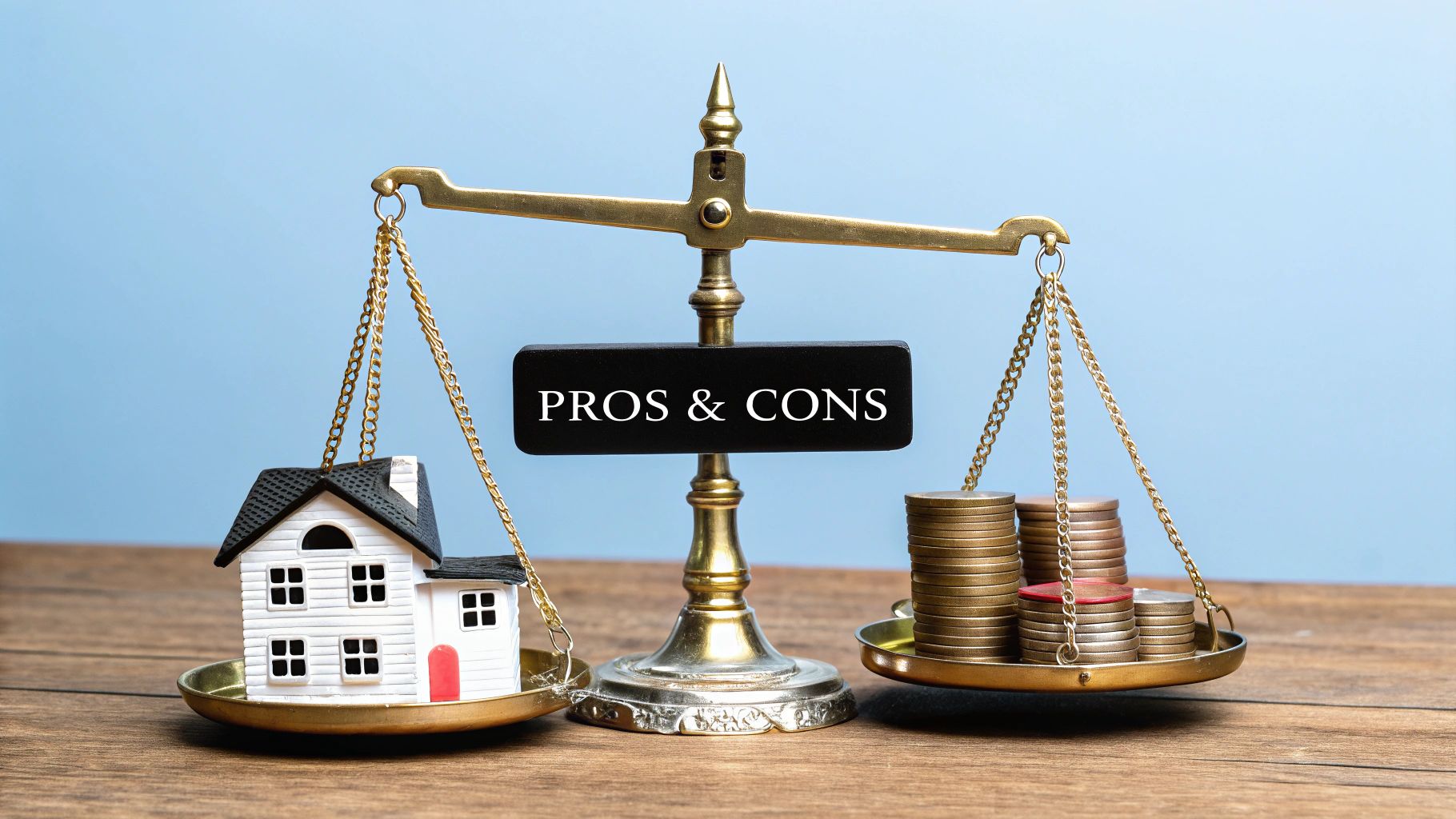 A balanced scale weighing a house on one side and a piggy bank on the other